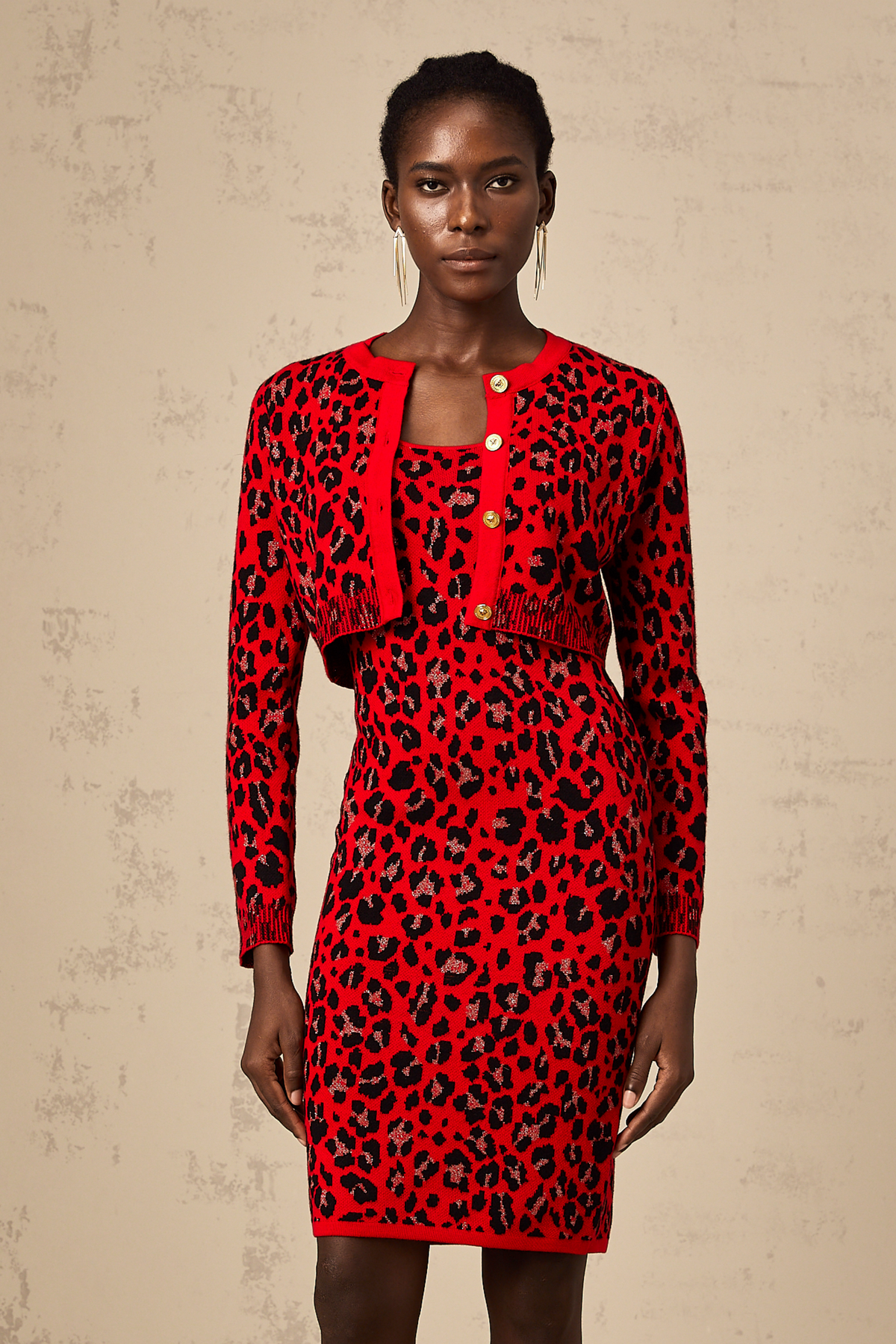 Honorine red leopard-print lurex cardigan