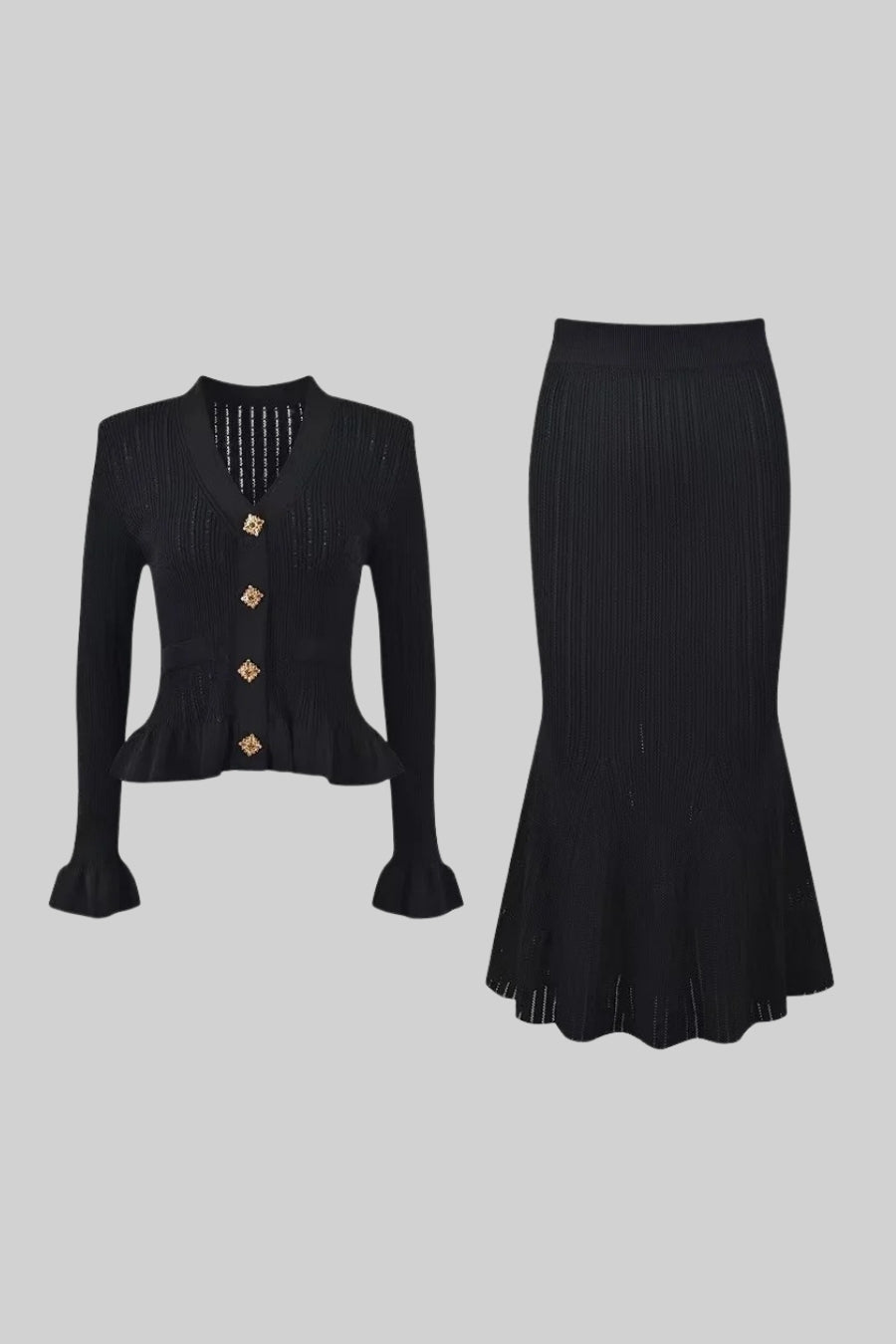 Solange Black Ruffled Jacket & Flared Skirt Knit Matching Set