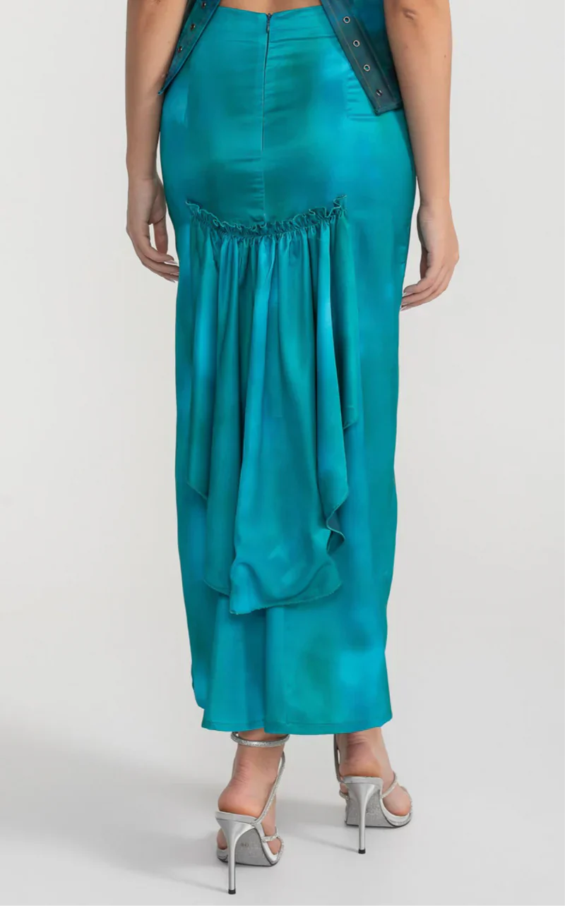 Elegant Satin Set With Corset-Style Bodice And Midi Skirt - Teal