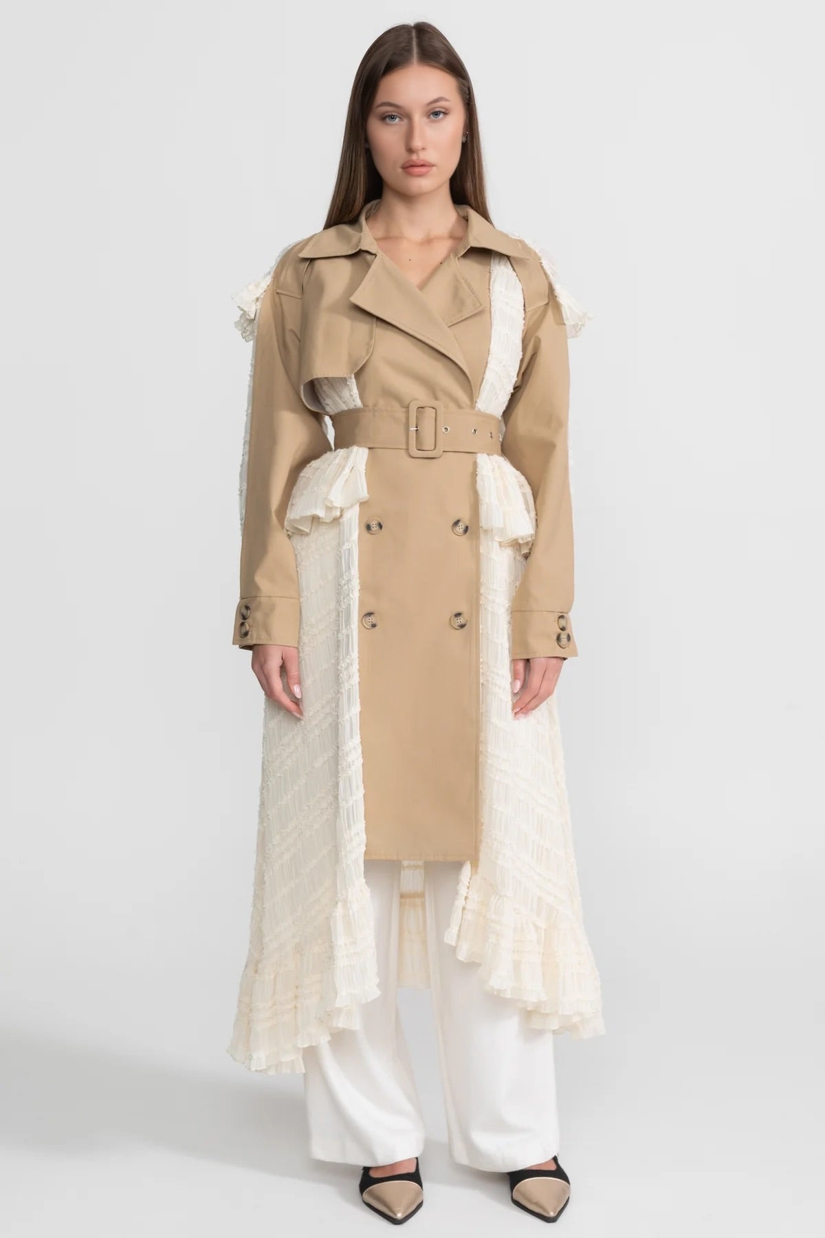Longline Lace Panel Trench Coat With Belted Waist – Beige