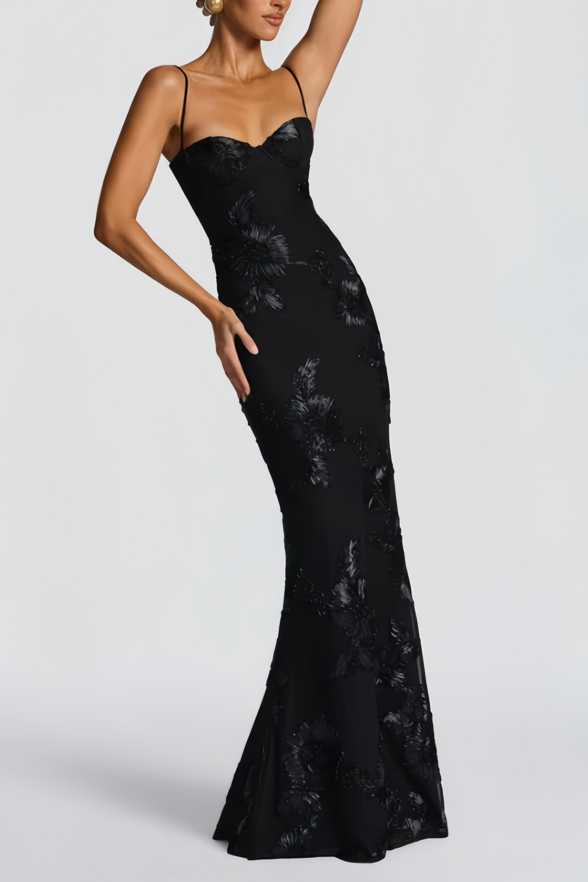 Théoline Black Floral Jacquard Corset Maxi Dress