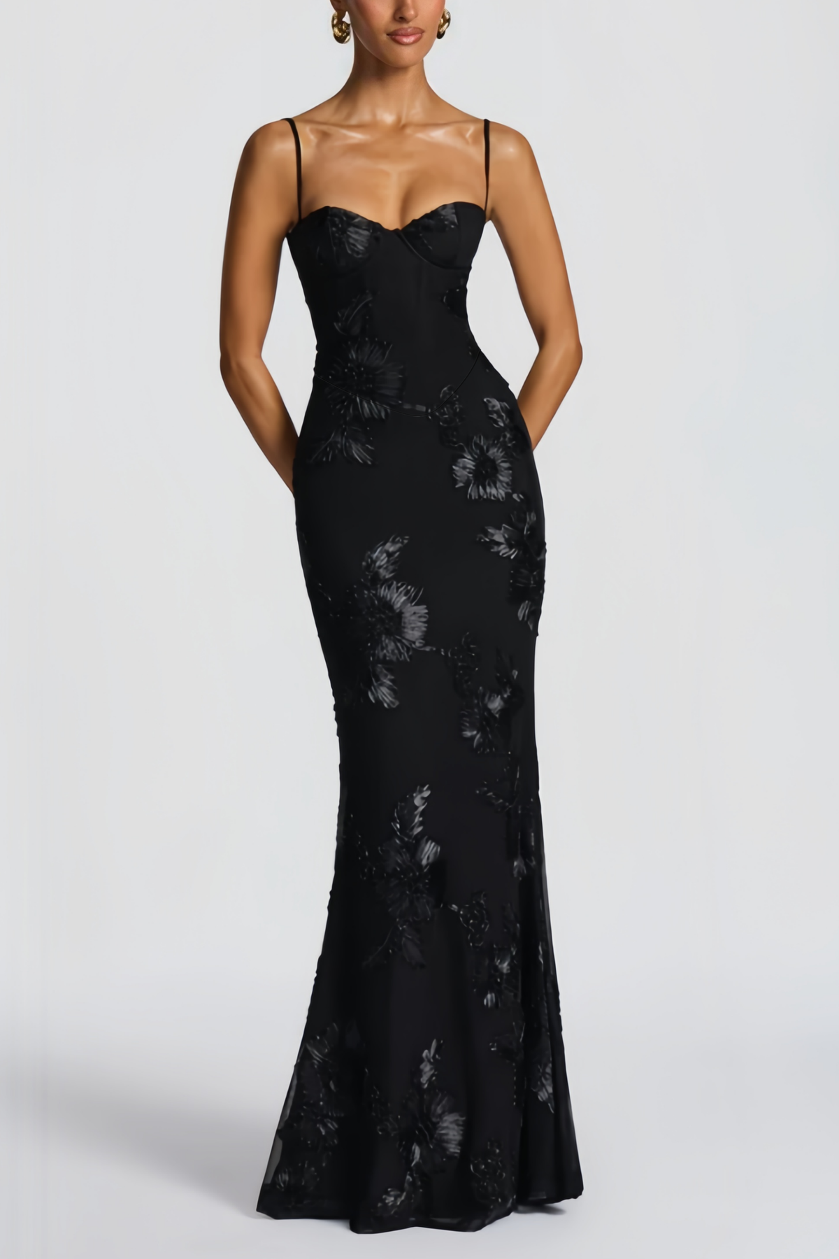 Théoline Black Floral Appliqué Corset Maxi Dress