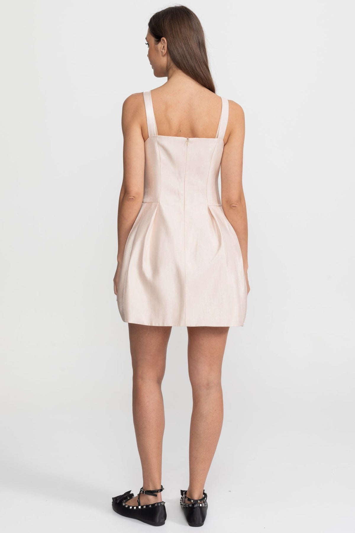 Satin Mini Dress with Crystal Bow Strap Detail – Blush