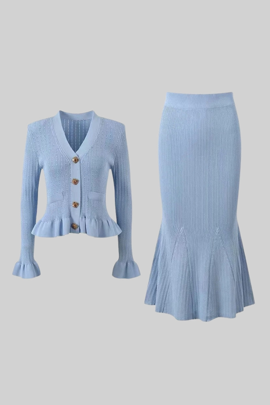 Solange Baby Blue Ruffled Jacket & Flared Skirt Knit Matching Set