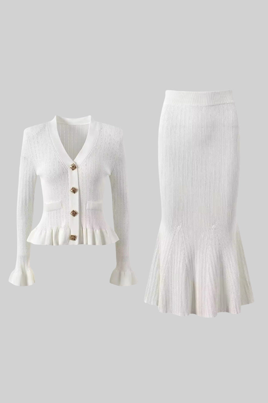 Solange White Ruffled Jacket & Flared Skirt Knit Matching Set