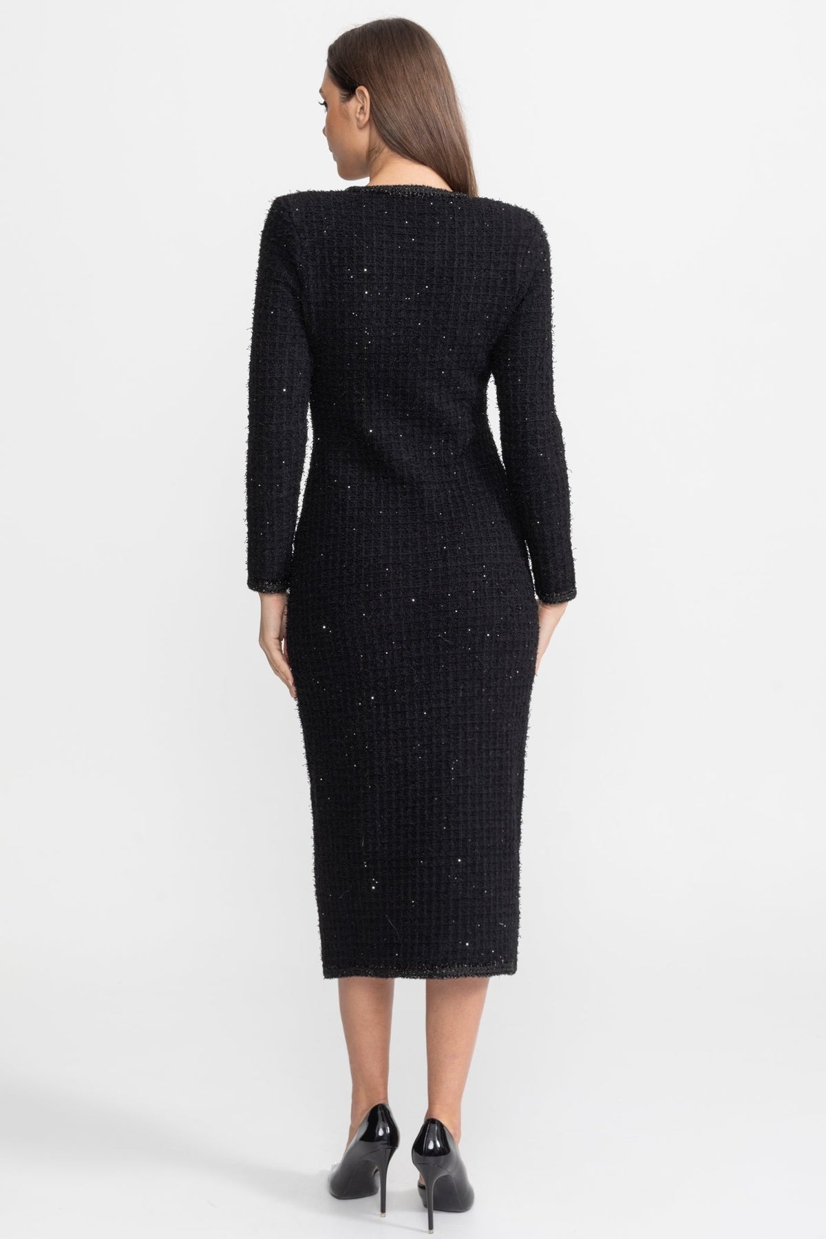 Augustine Black Textured Tweed Midi Dress with Crystal Button Detail