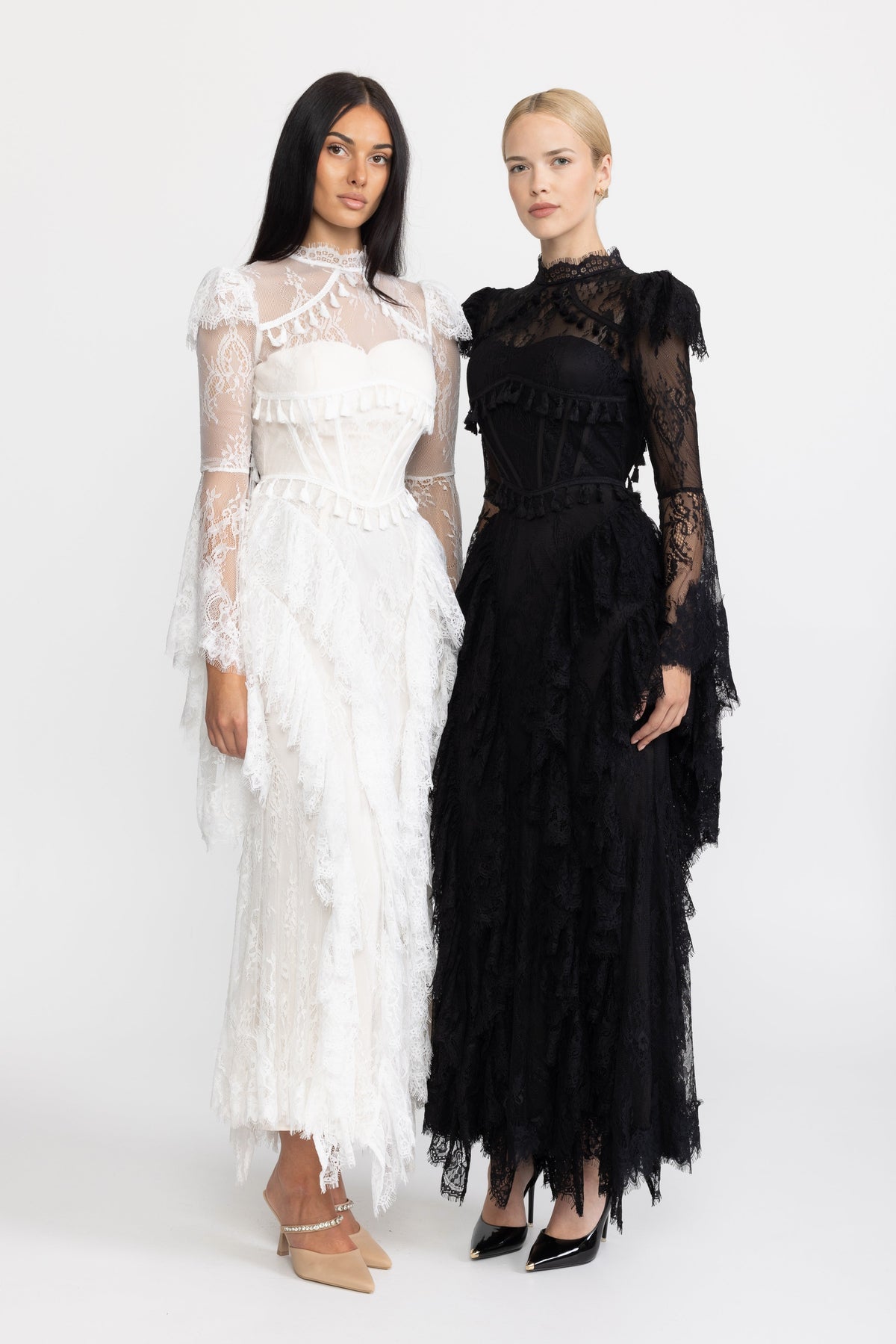 Tassel Trim Lace Corset Bell Sleeve Maxi Dress - White