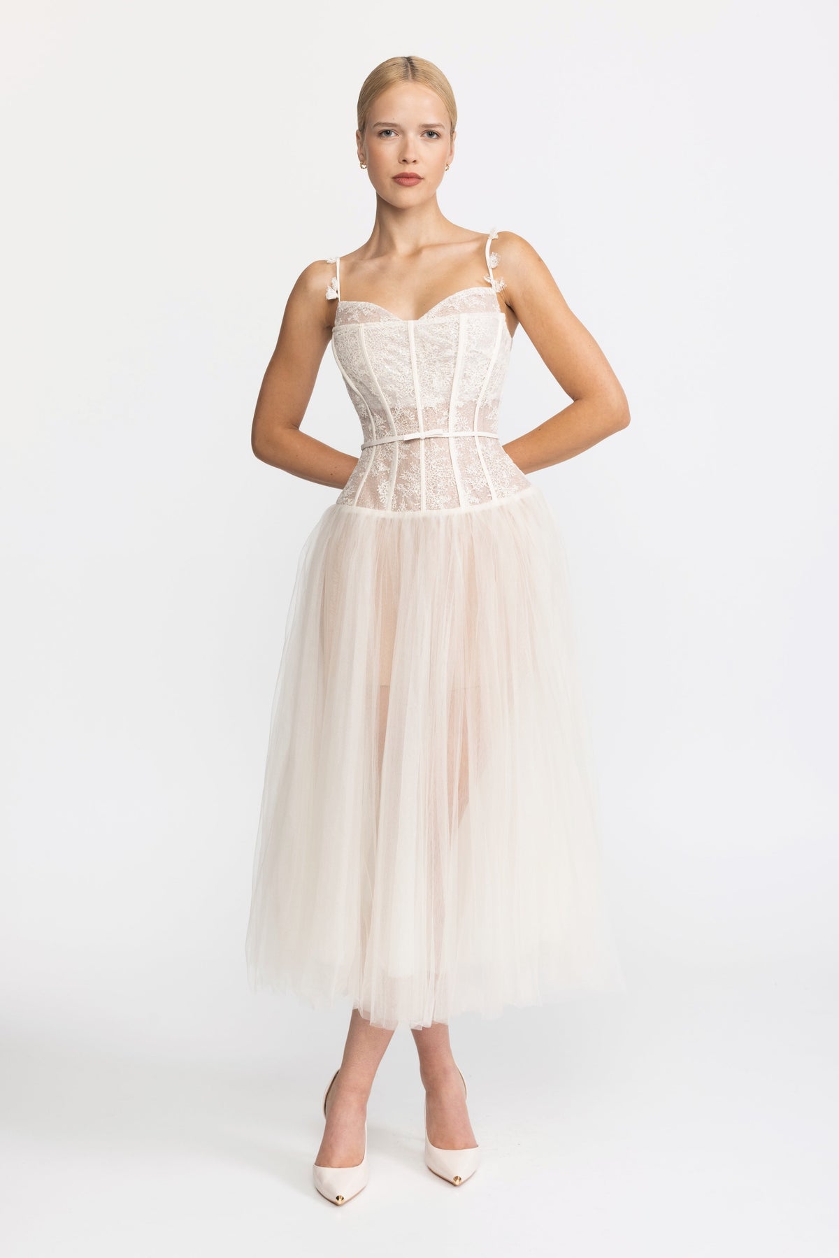 Lace Corset Tulle Midi Dress - Beige