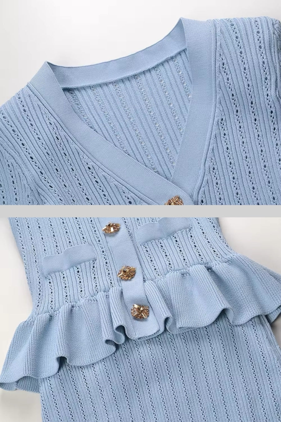 Solange Baby Blue Ruffled Jacket & Flared Skirt Knit Matching Set