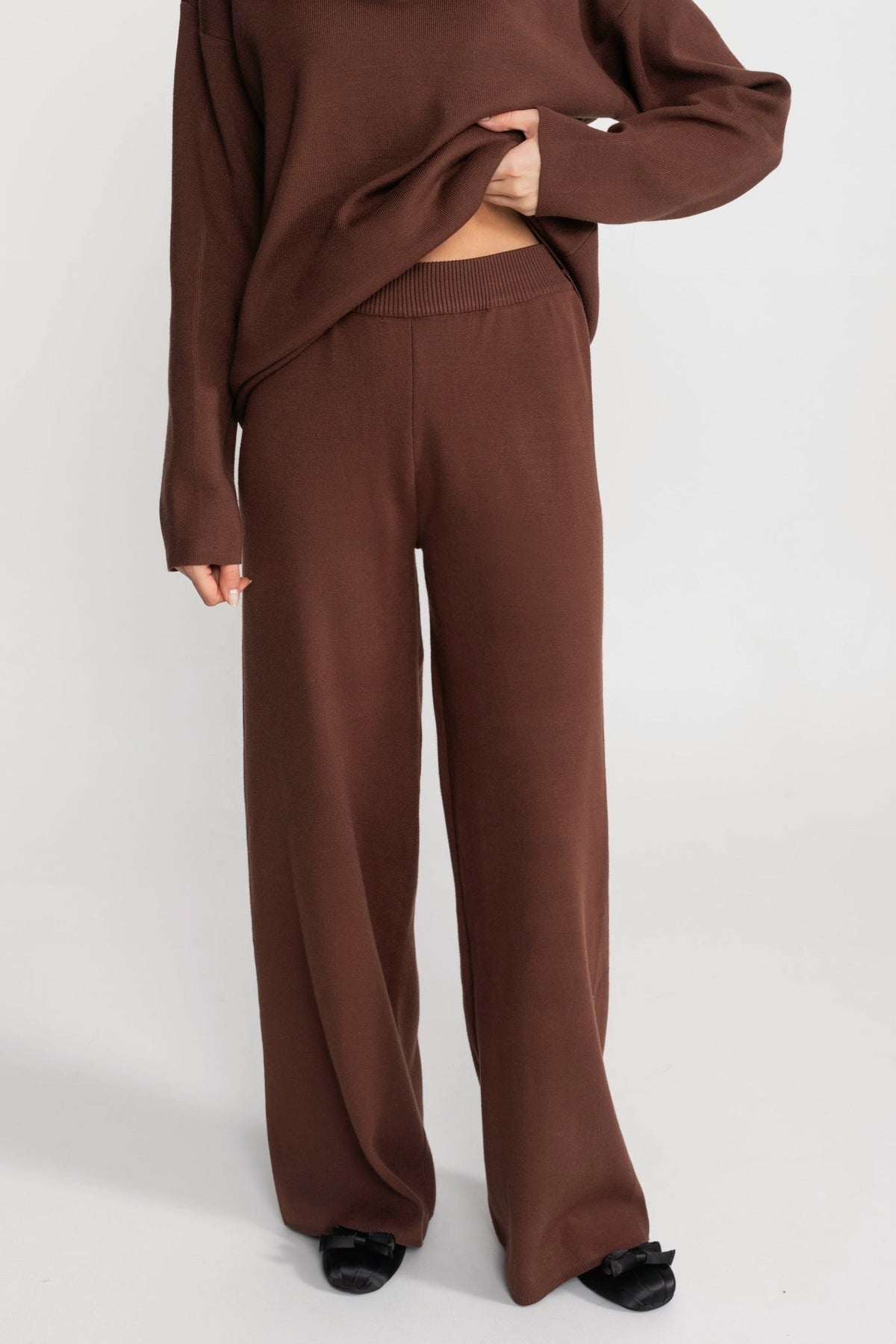 Elodie Brown Knit Lounge Co-Ord Set with Fox Fur Collar