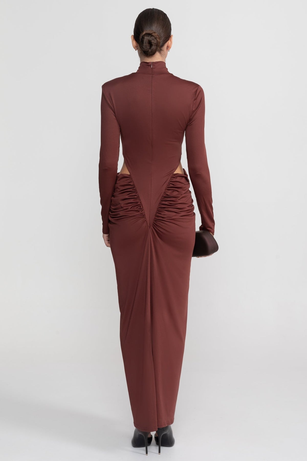 High Neck Maxi Dress With Long Sleeves And Waist Cut-Out Detail - Brown