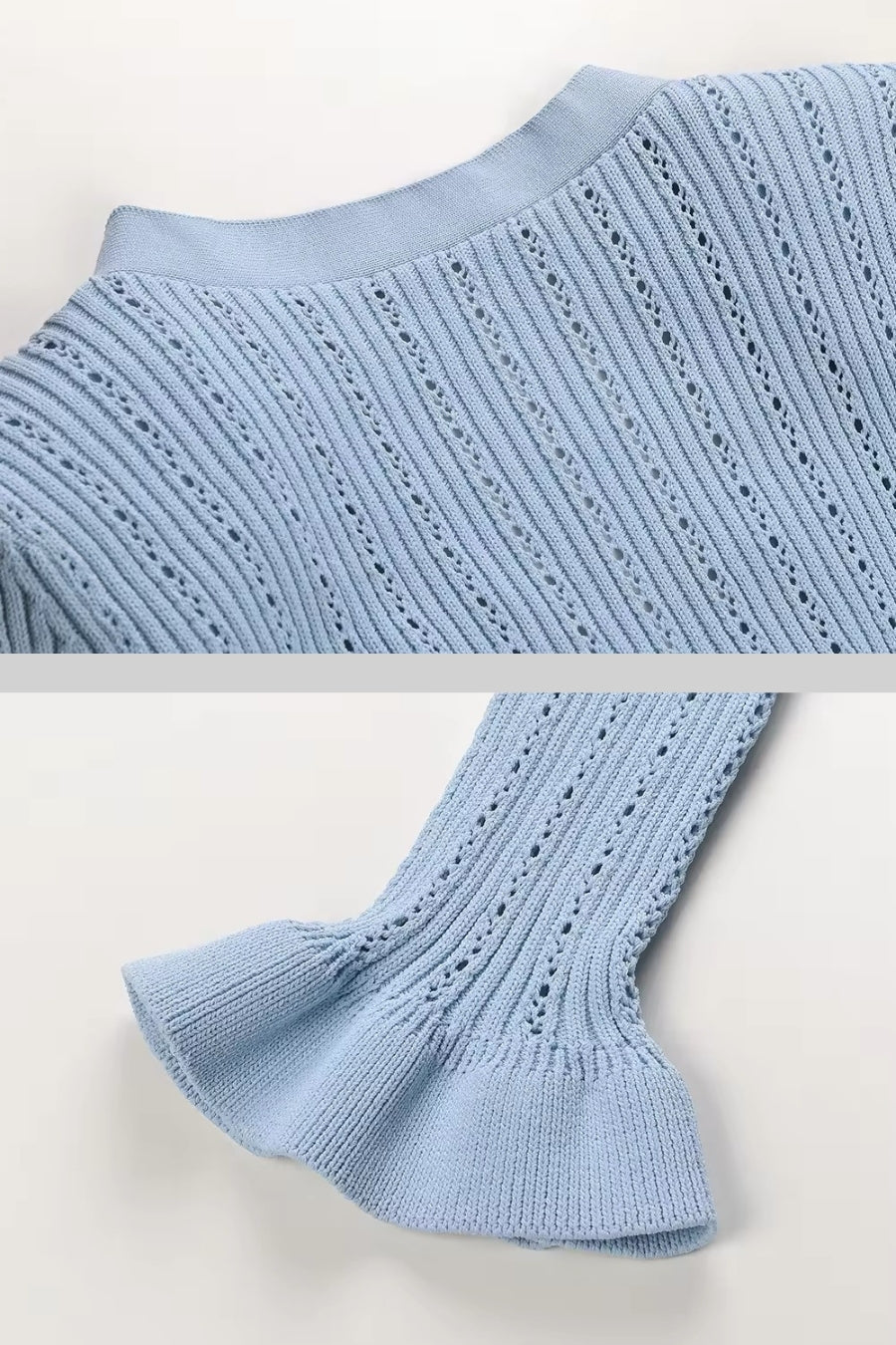 Solange Baby Blue Ruffled Jacket & Flared Skirt Knit Matching Set
