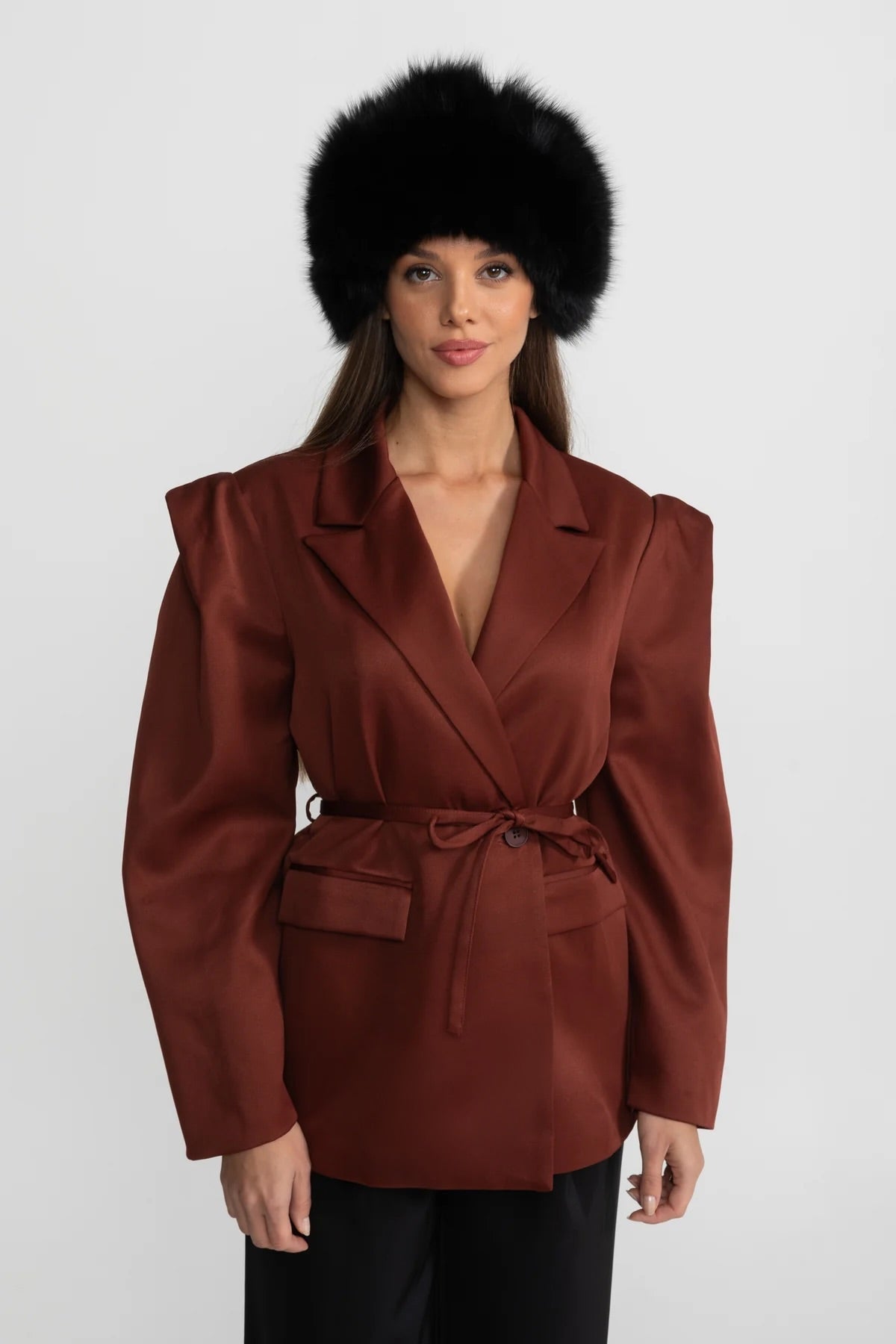 Structured Satin Blazer With Tie Belt - Chestnut Brown