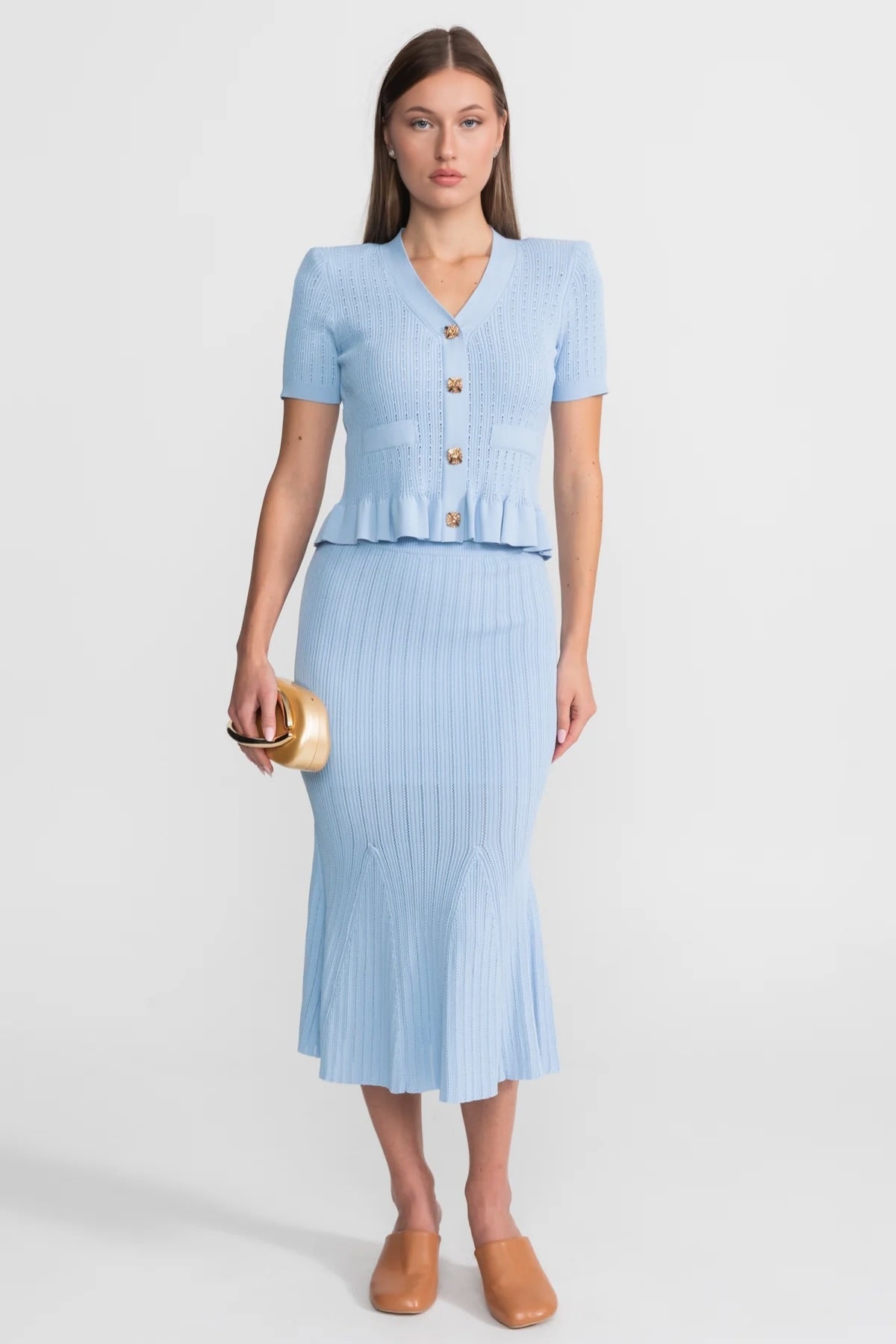 Eloise Baby Blue Knit Midi Co-Ord with Peplum Waist and Gold Buttons