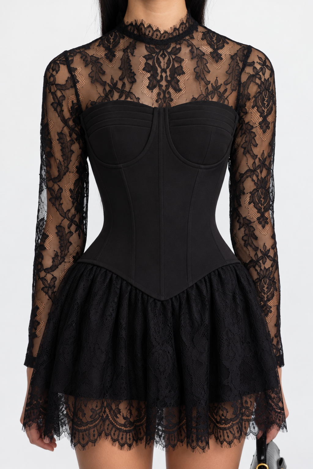 Elodie Black Lace Yoke Corset Mini Dress With Lace Ruffle Skirt