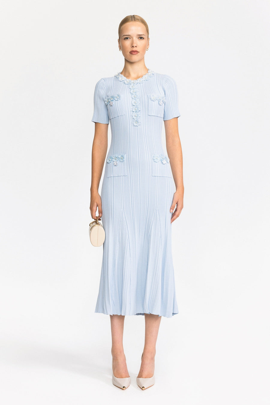 Florence Ribbed Knit Flower Appliqué Midi Dress - Light Blue