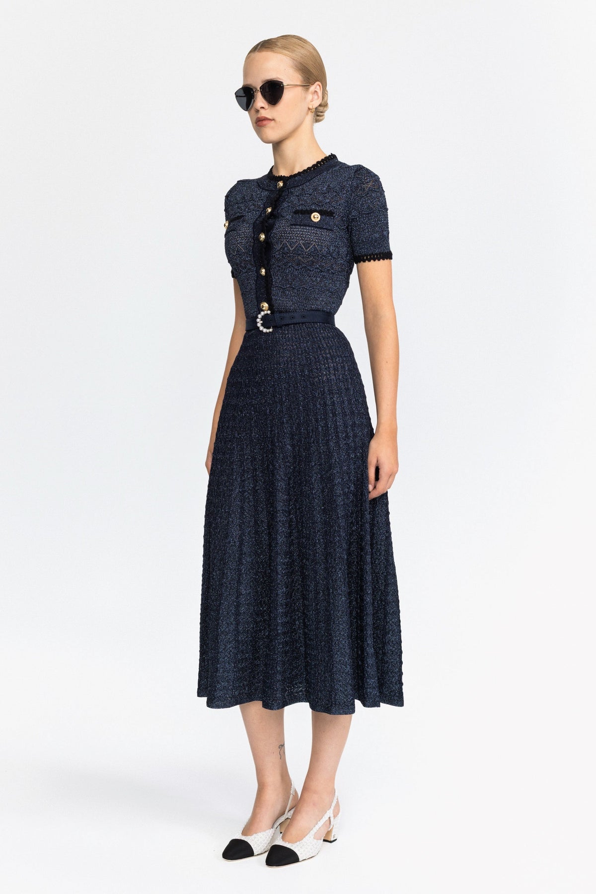 Metallic Pointelle Knit Belted Midi Dress - Navy