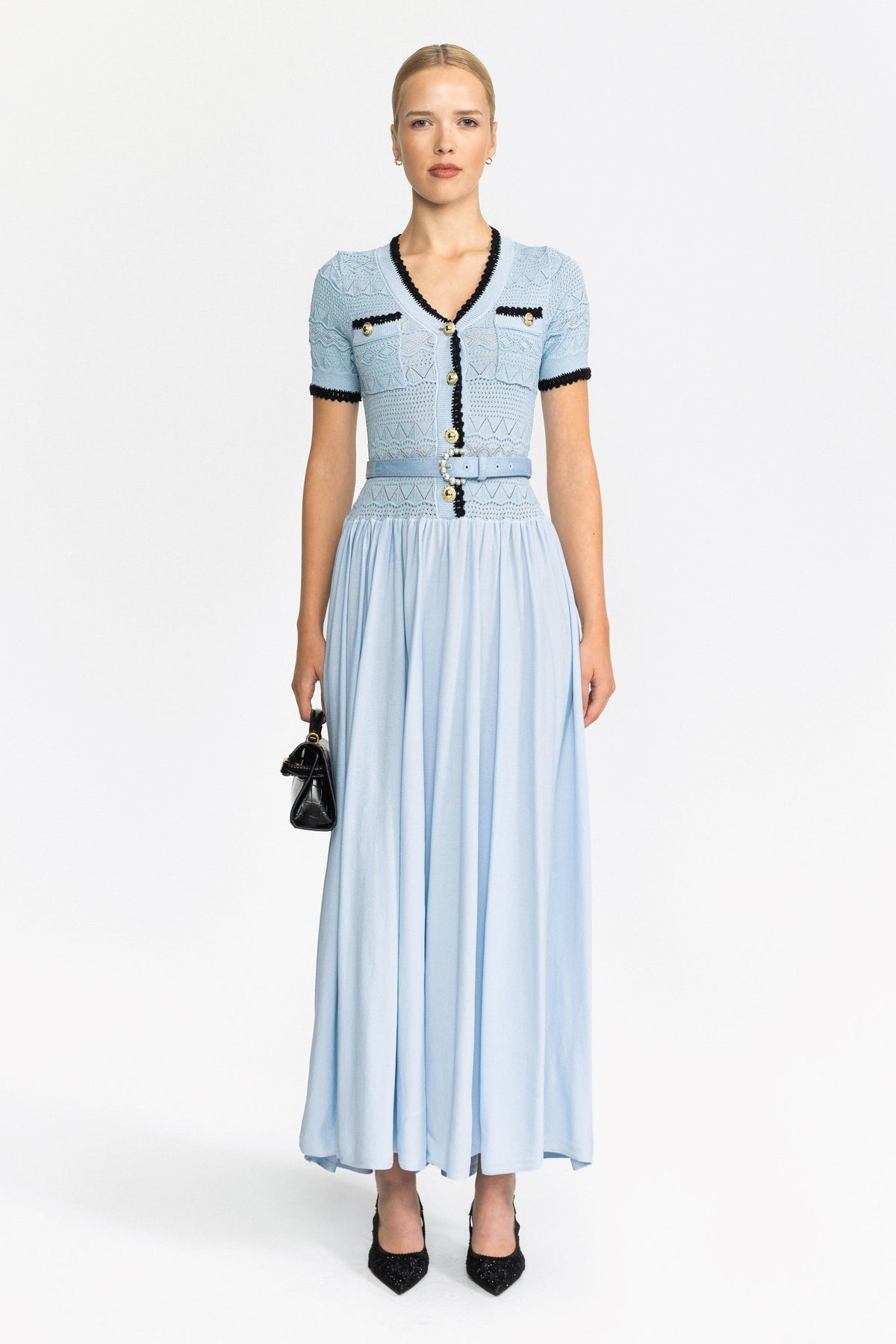 Pointelle Knit Bodice Belted Maxi Dress - Light Blue
