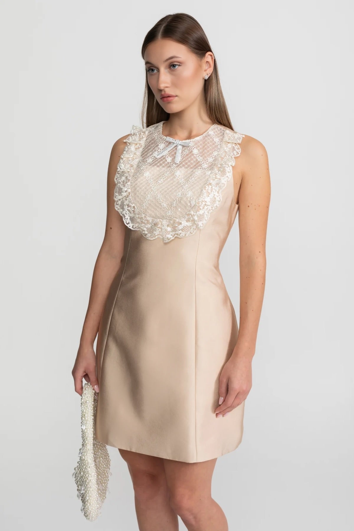 Lace Bib Detail Mini Dress – Nude