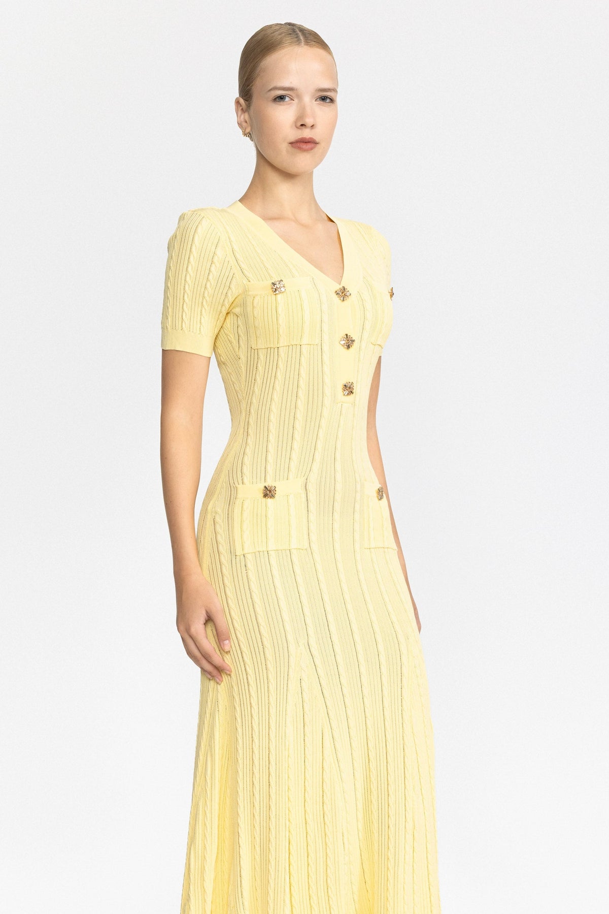 Cable Knit Jewel-Button Midi Dress - Yellow