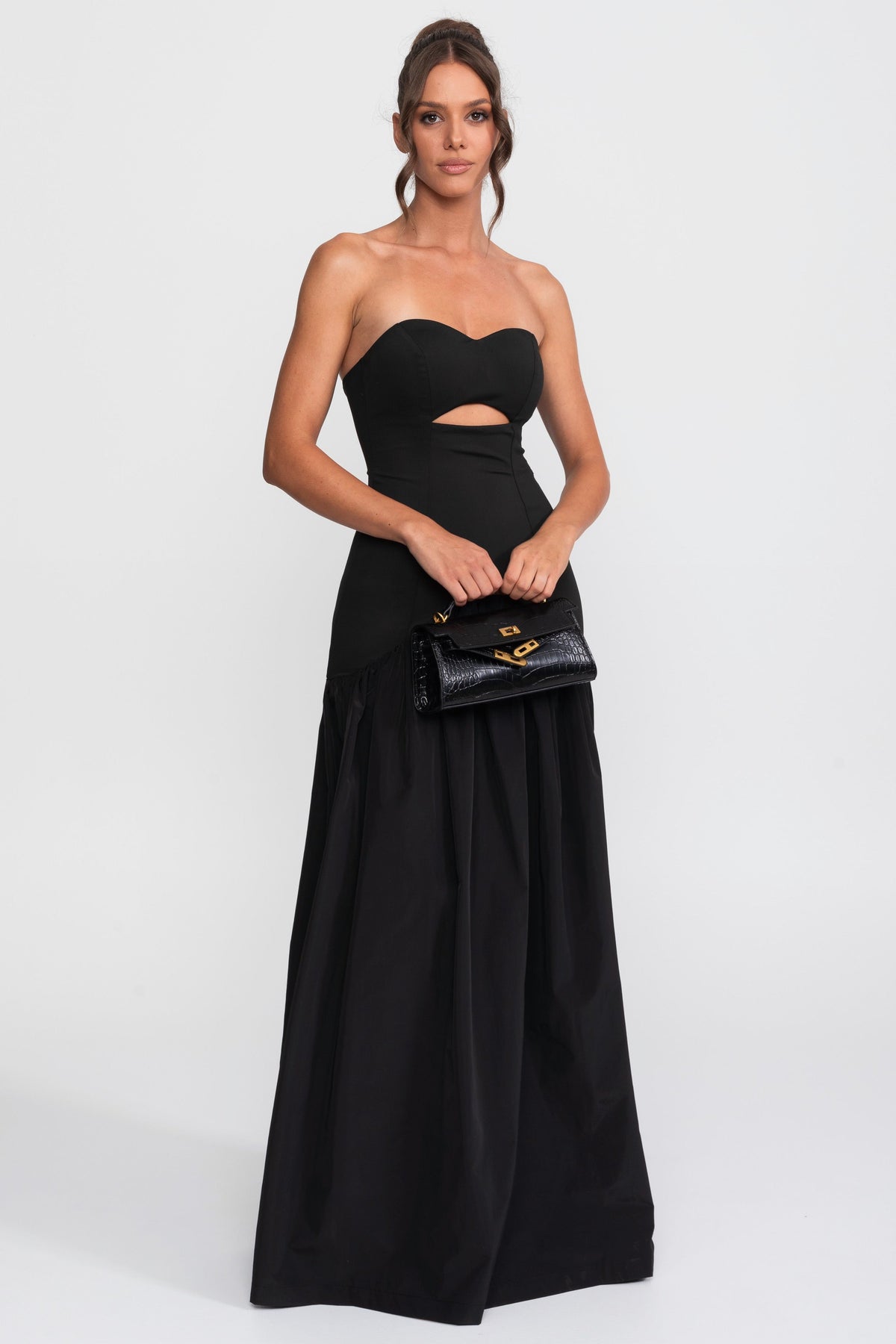 Cutout Sweetheart Drop-Waist Gown With Gathered Skirt - Black