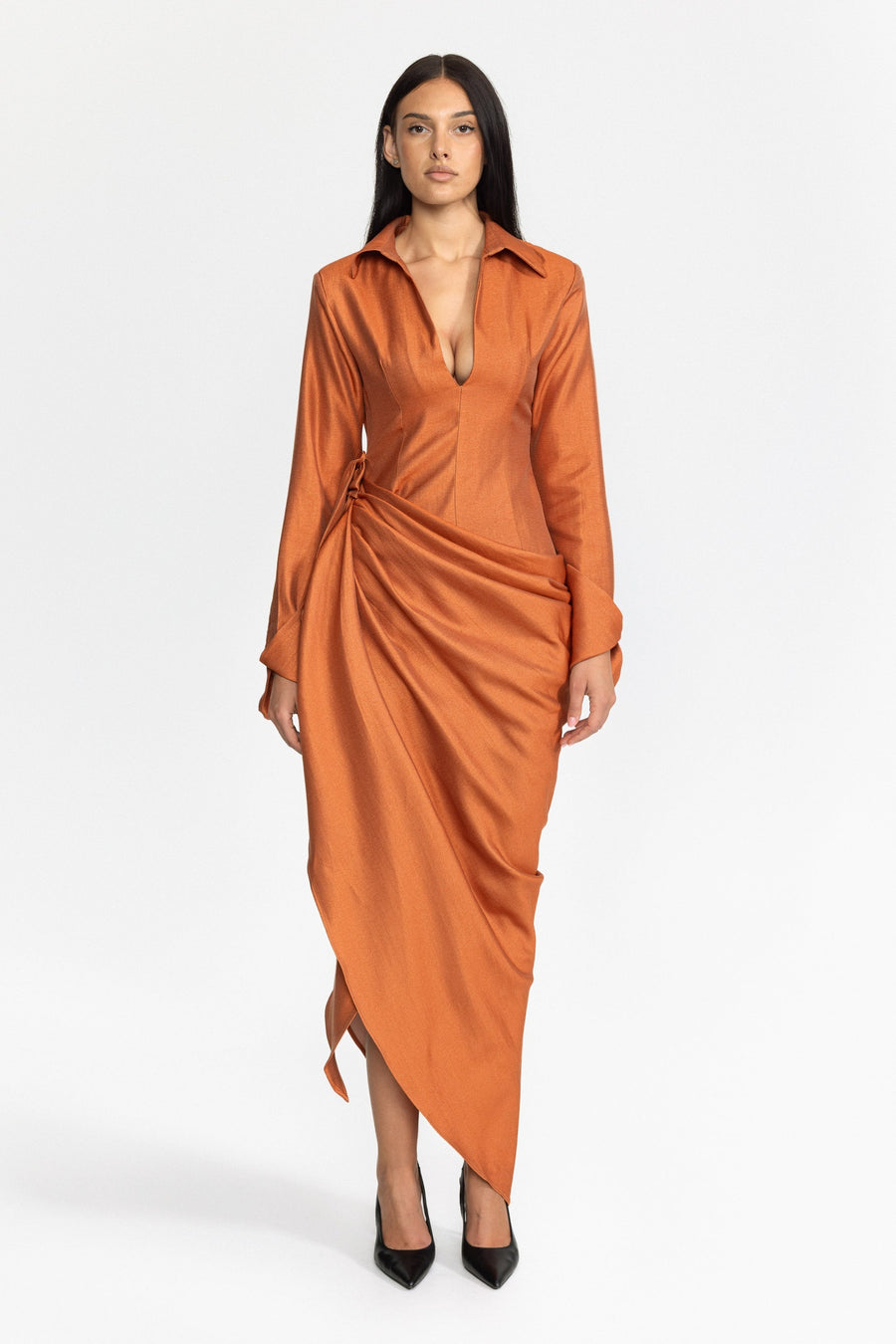 Saffron Plunge Collar Draped Wrap Maxi Dress - Burnt Orange