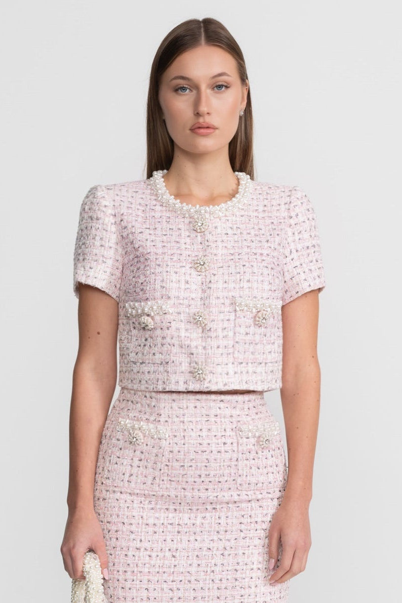 Short Sleeve Pearl-Embellished Top With Sparkling Buttons - Pink