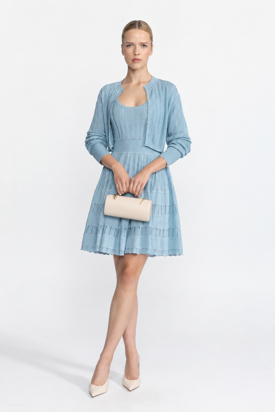 Jacinthe Light Blue Rib Pointelle Knit Cropped Cardigan and Skater Dress Set