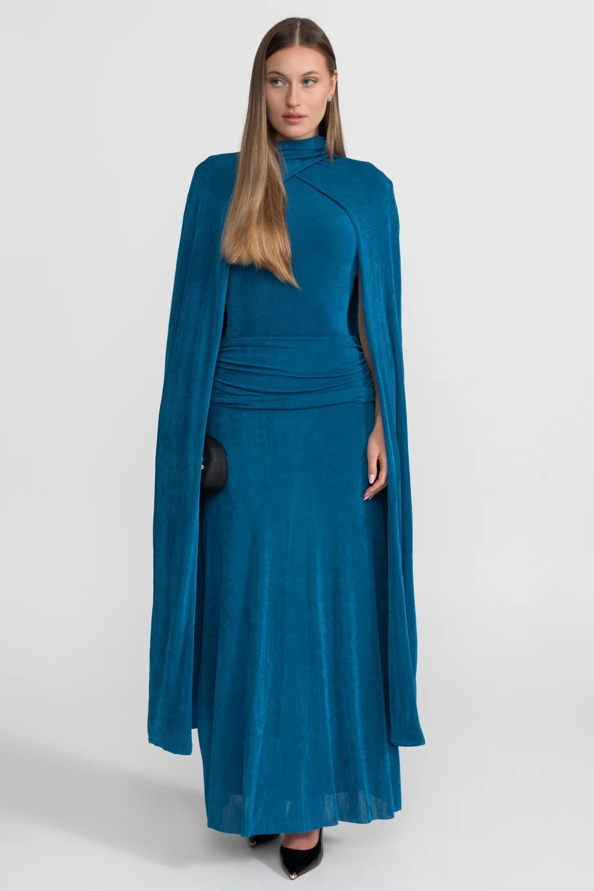 Elegant Cape Gown With High Neckline – Teal