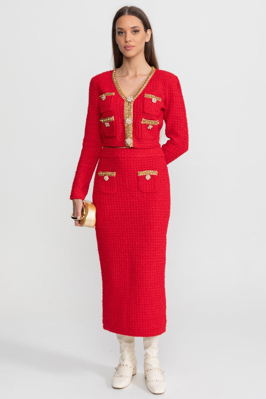 Serafina Red Textured Tweed Co-Ord Set with Gold Trim and Crystal Buttons