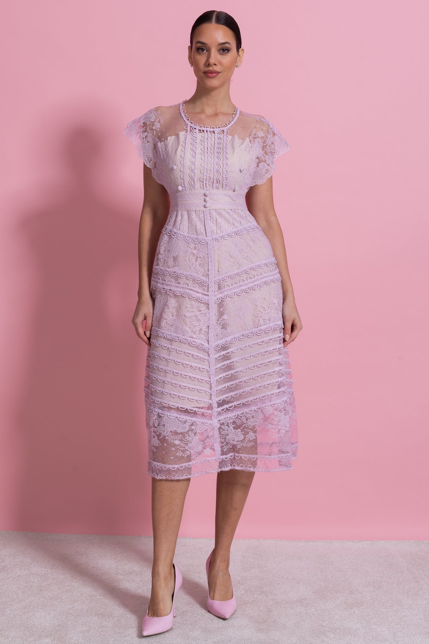 Lace Cap Sleeve Midi Dress With Scalloped Trims And Pearl Button Detail - Lilac