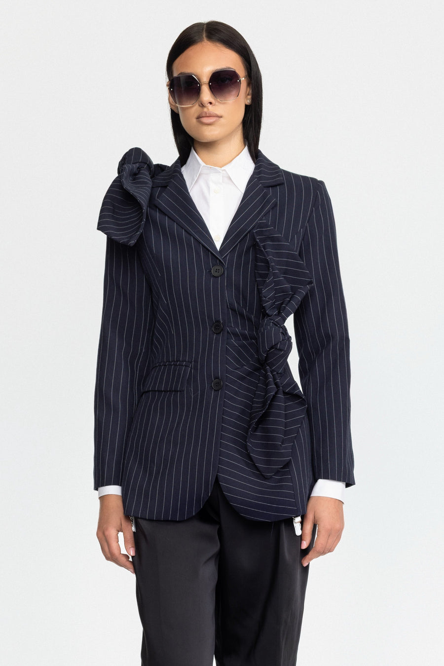 Margot Pinstripe Knotted Bow Blazer - Navy