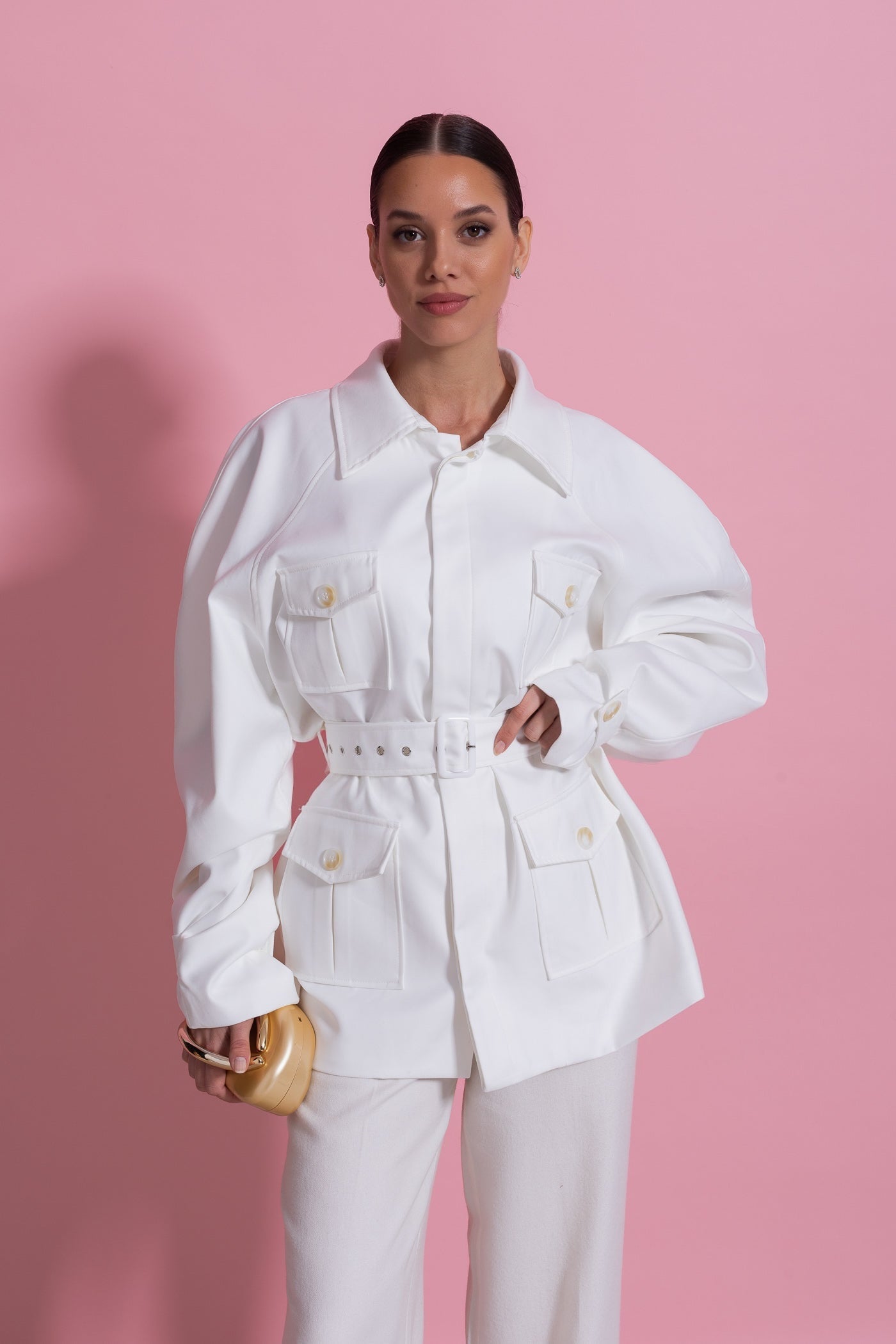 Belted Trench-Coat Jacket With Oversized Patch Pockets - White