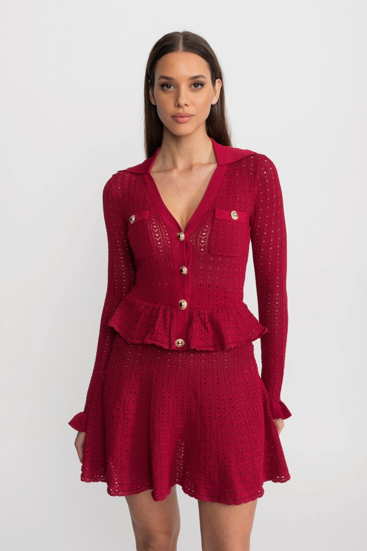 Magdalena Dark Red Pointelle Knit Mini Dress with Peplum Hem