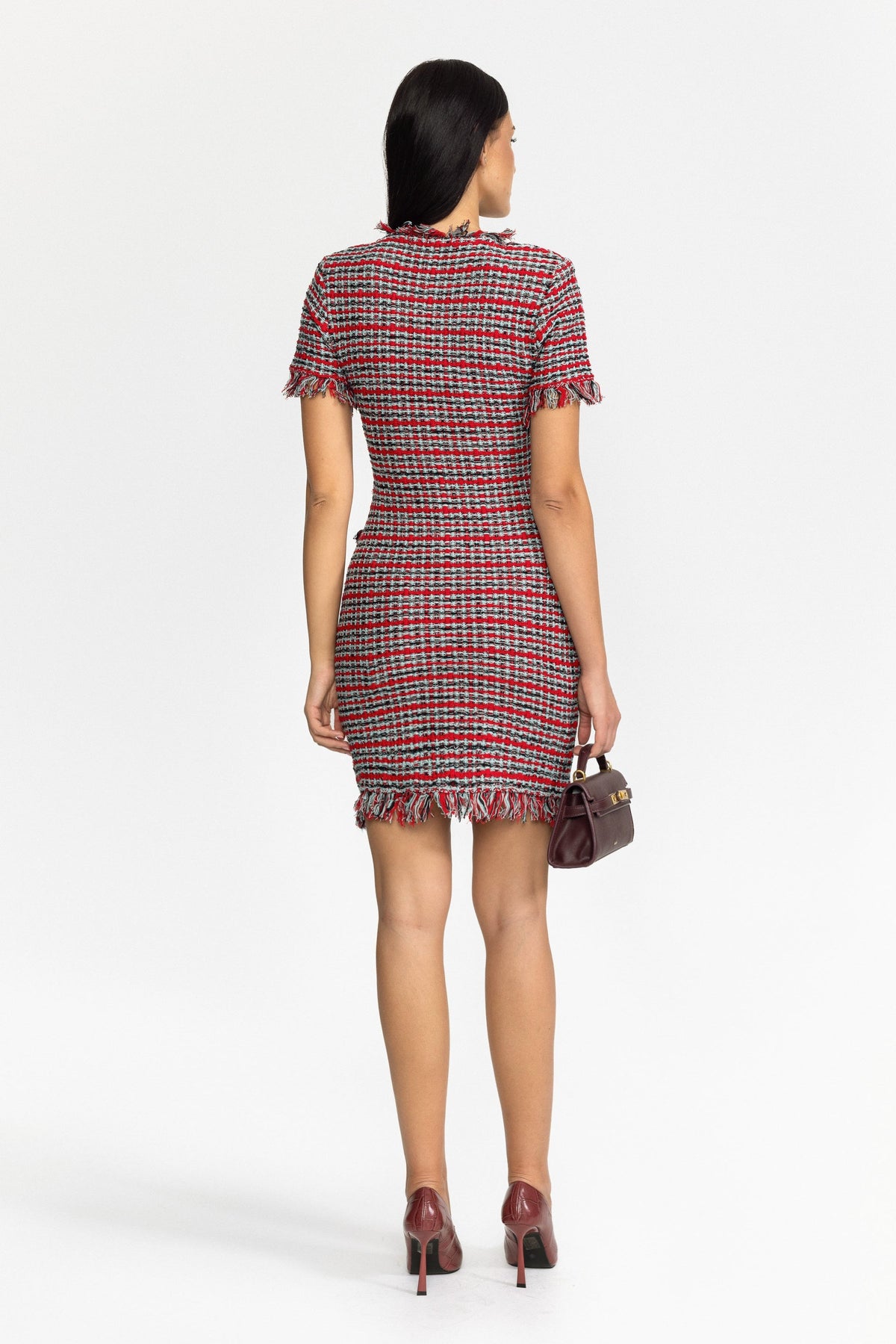 Fringed Tweed Knit Mini Dress - Red Multi