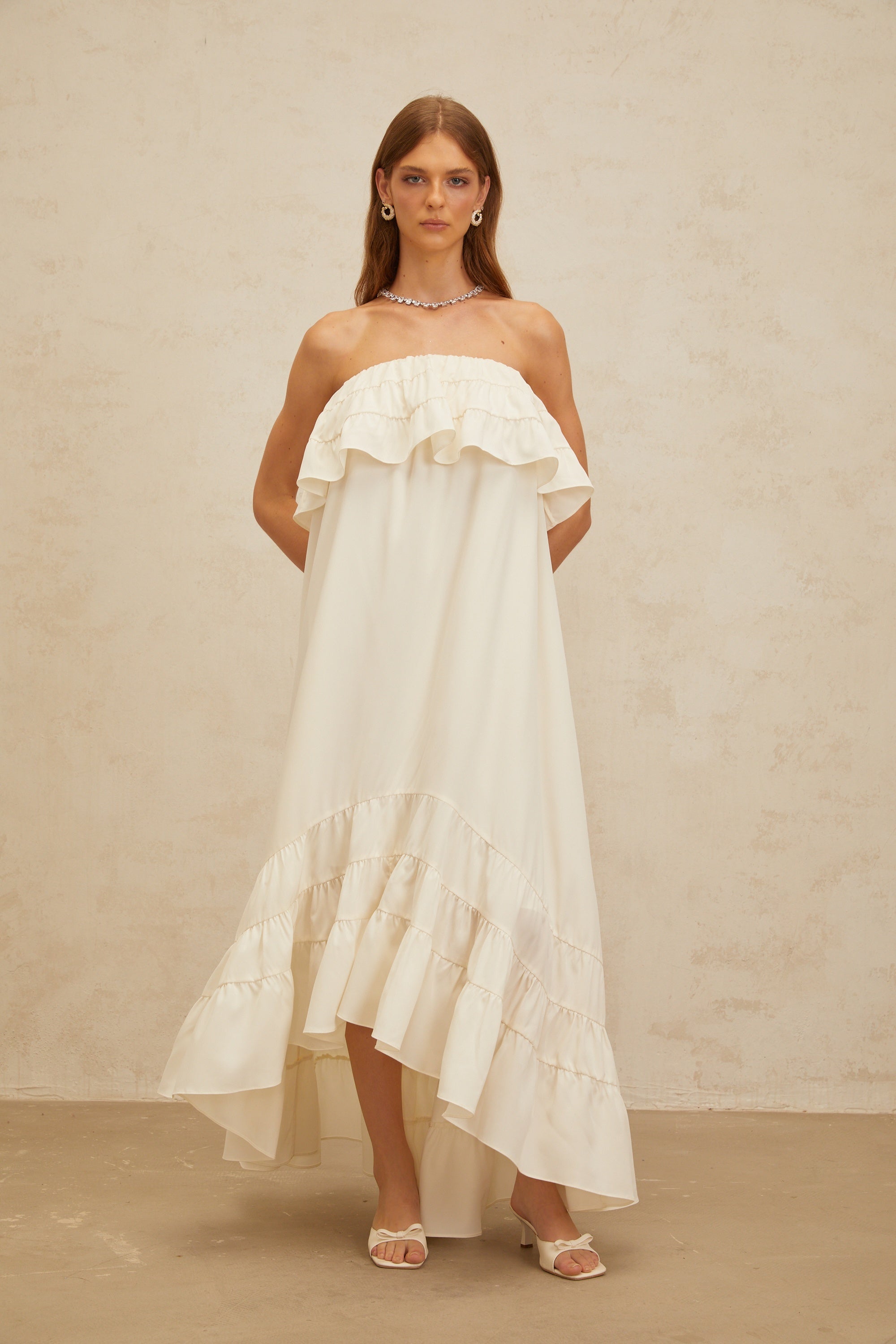 Bénédicte White Vibrant Off Shoulder Shirred Maxi Dress