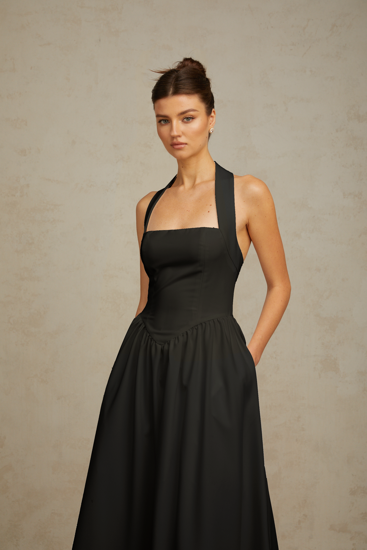 Alizée halterneck pleated midi dress in Black