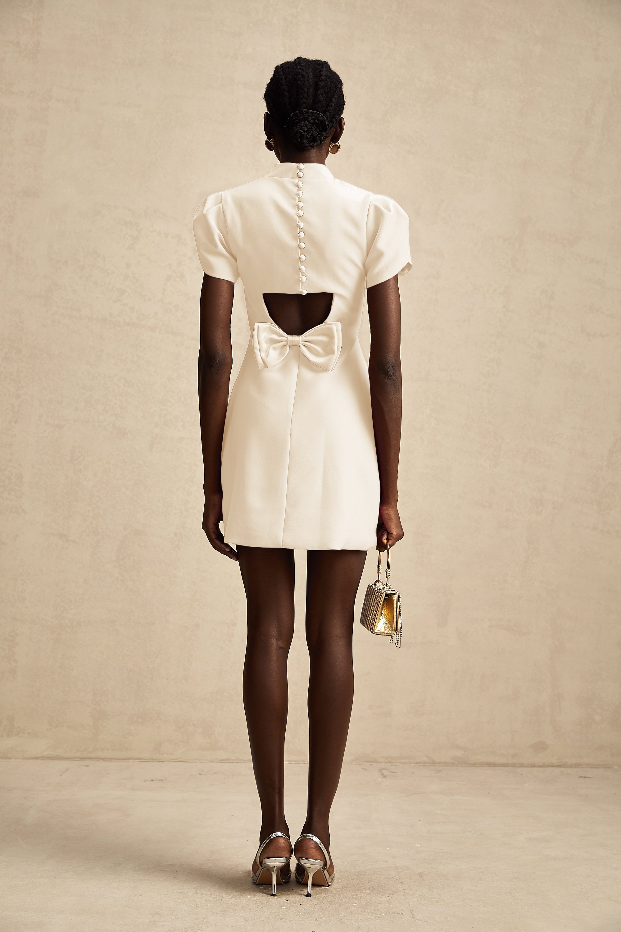 Anna White Petal Sleeve Cut Out Bow Mini Dress