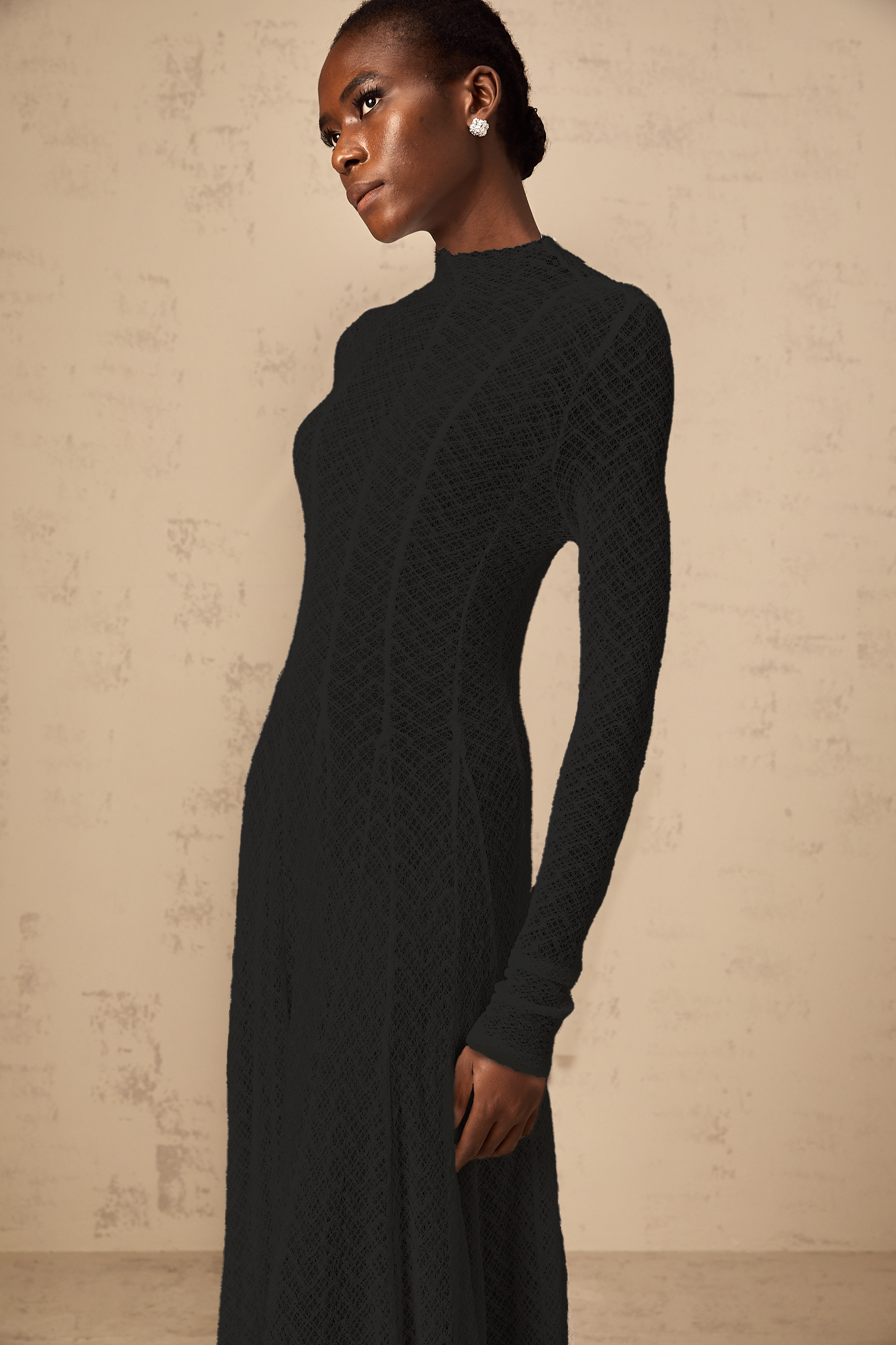 Athena wavy-pattern lace maxi dress in Black