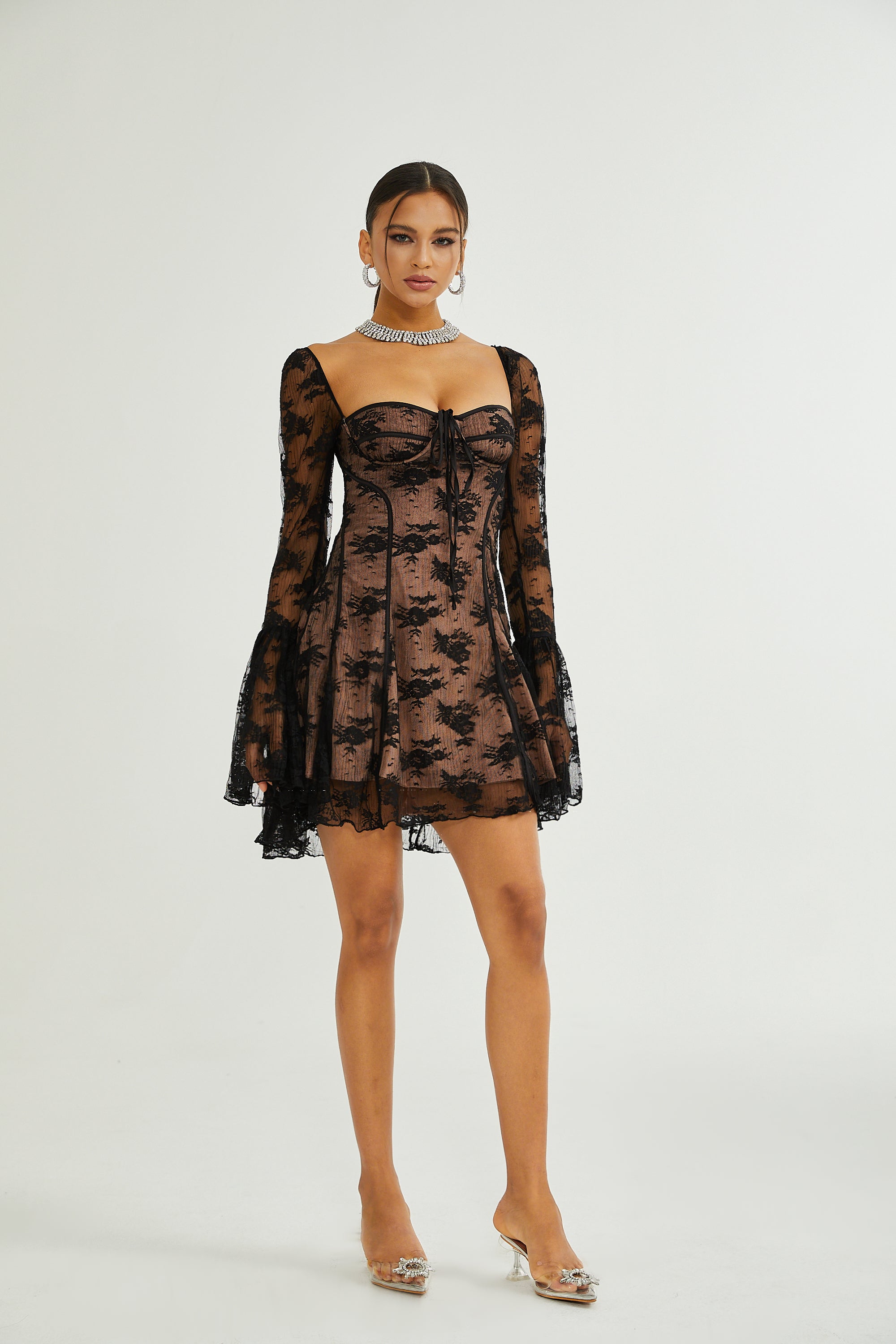 Cyrielle white flared-cuff long-sleeved dress