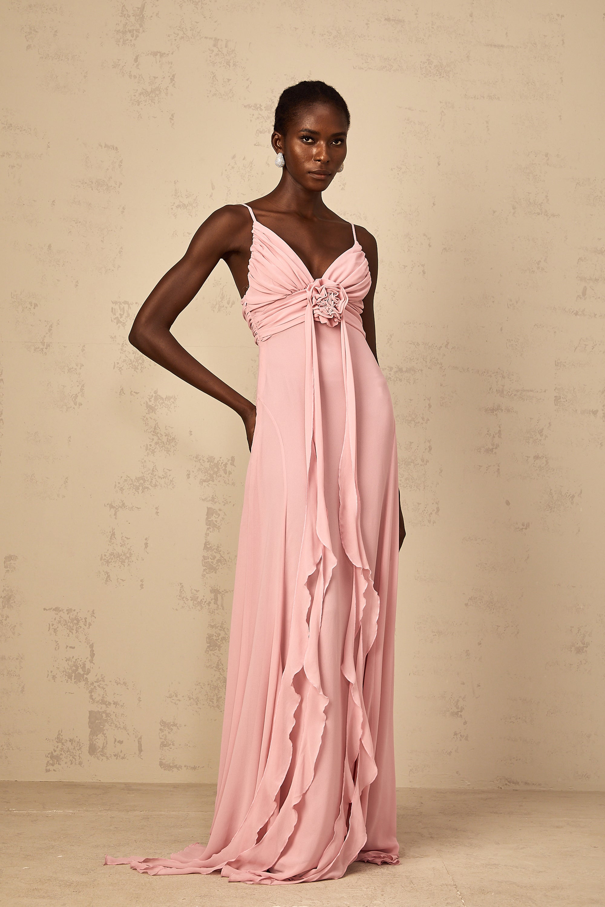 Ysandre Soft-Pink 3D Petal Tulle Maxi Dress