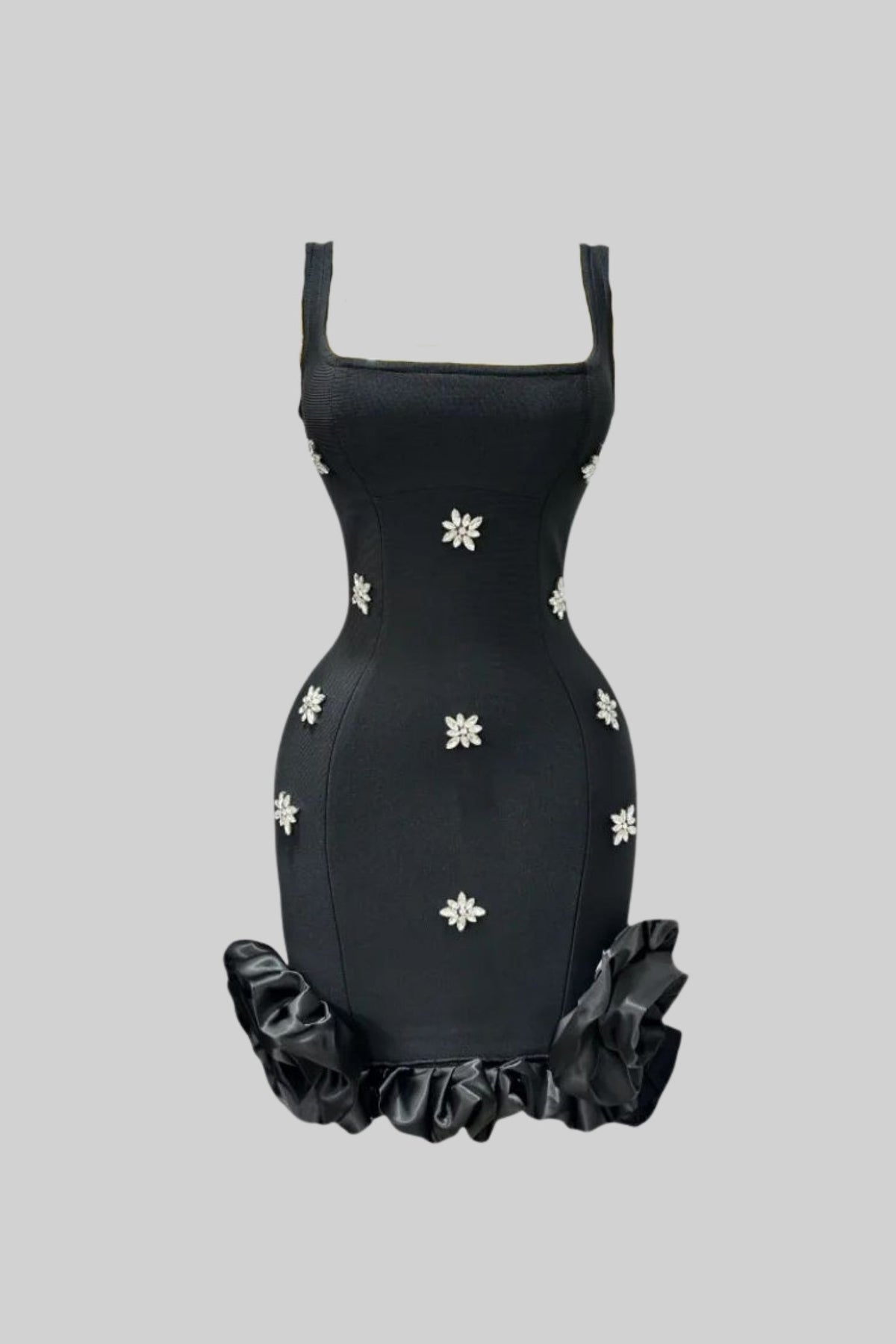 Embellished Bodycon Mini Dress With Crystal Flowers – Black