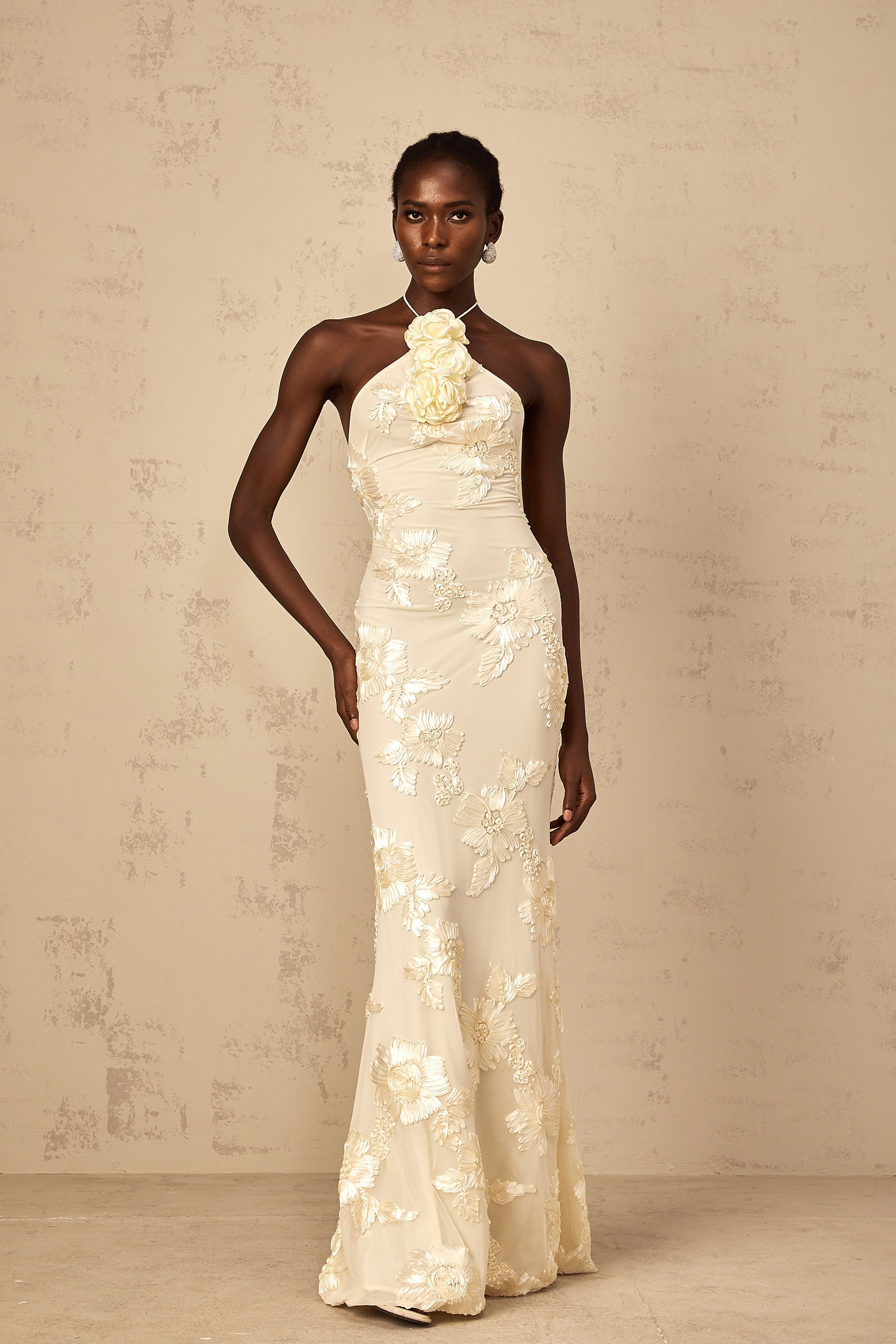 Melanie Neutrals Embroidered Halterneck Maxi Dress