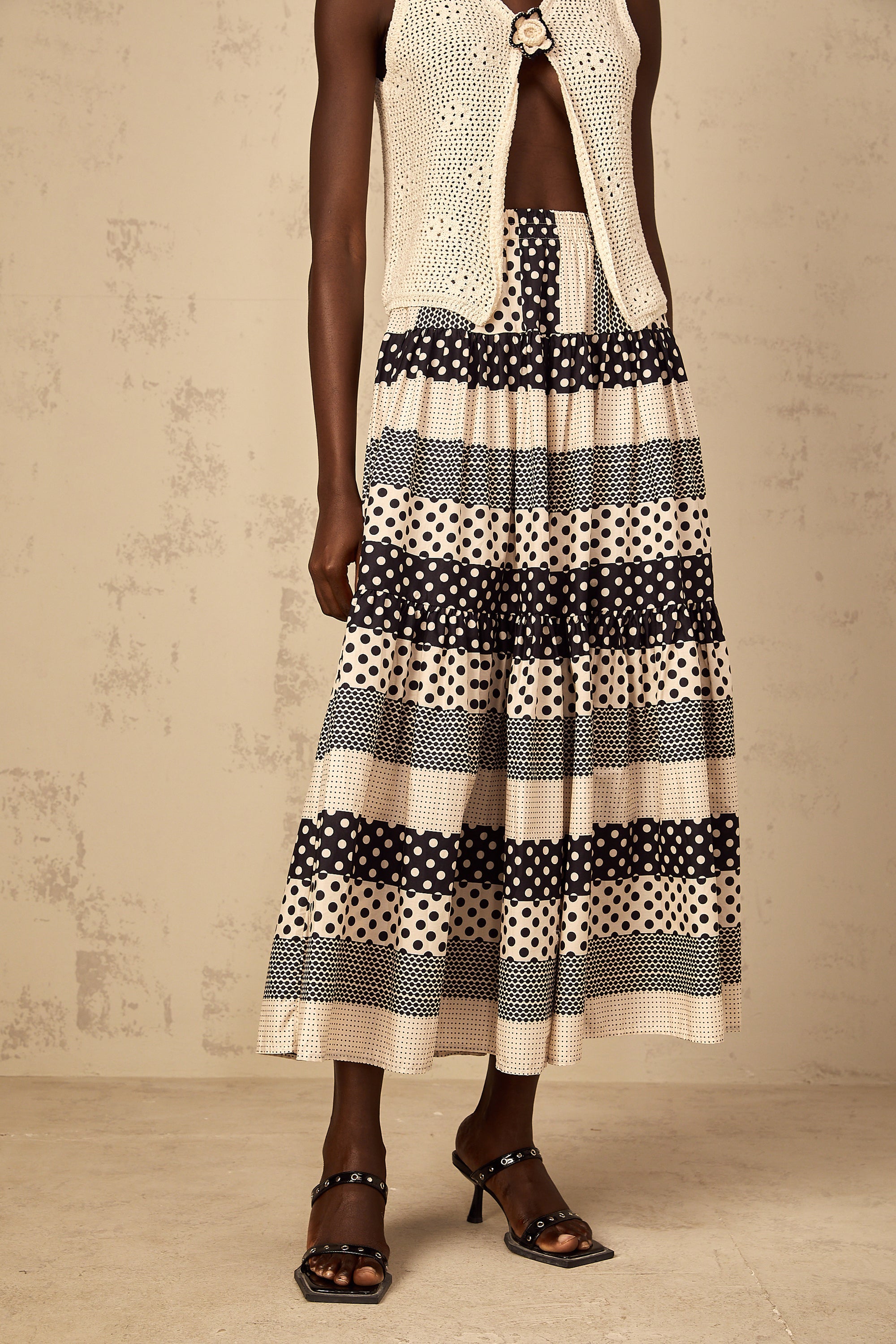 Joséphine Color Block Shirred Polka Dot Skirt