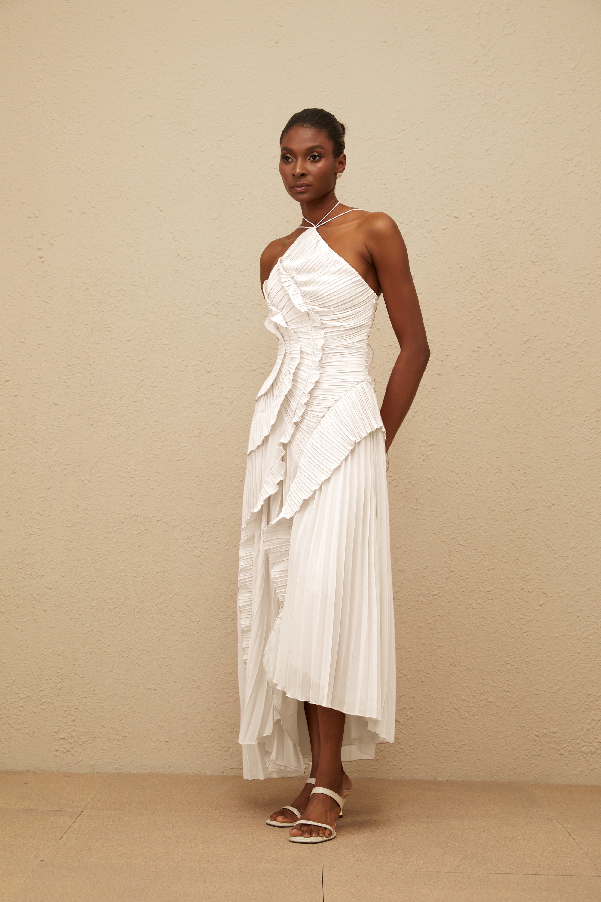 Doux White Ruffled Trim Pleated Midi Dress (Final Sale-US Only)
