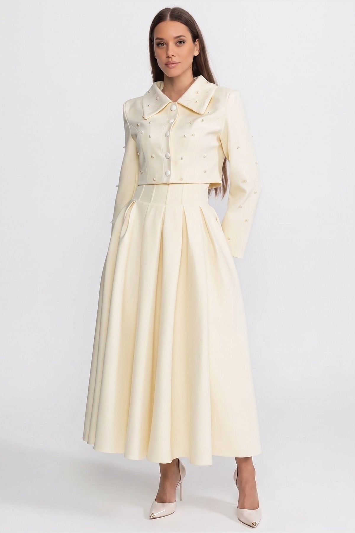 Pearl-Embellished Co-Ord Set with Cropped Jacket and Full Skirt – White
