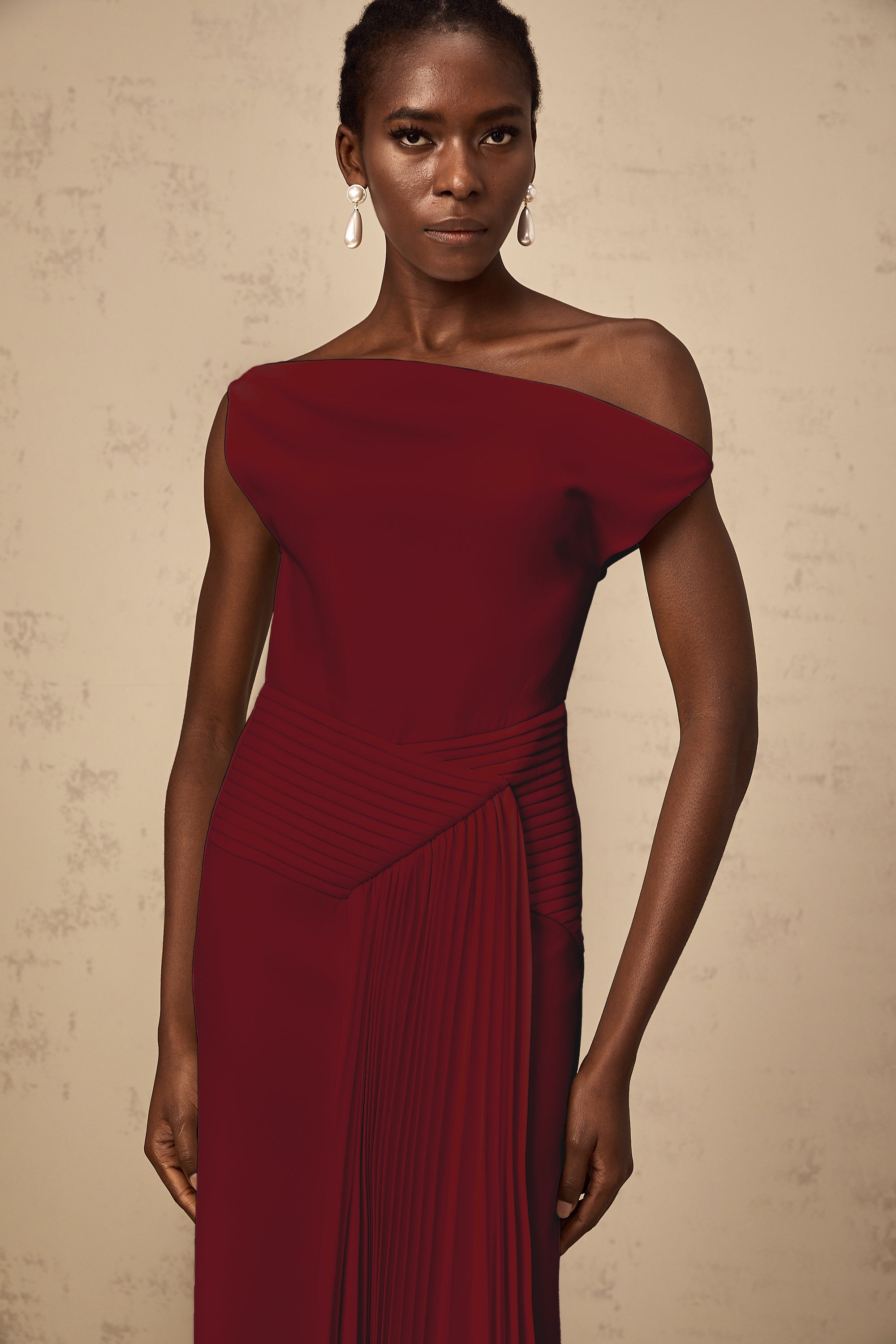 Laurine asymmetrical draped midi dress in Burgundy