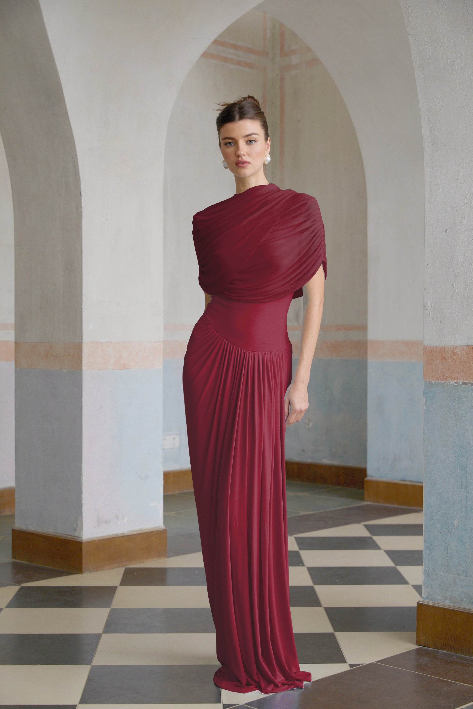 Catherine asymmetrical pleated maxi dress in Red(Final Sale-US Only)