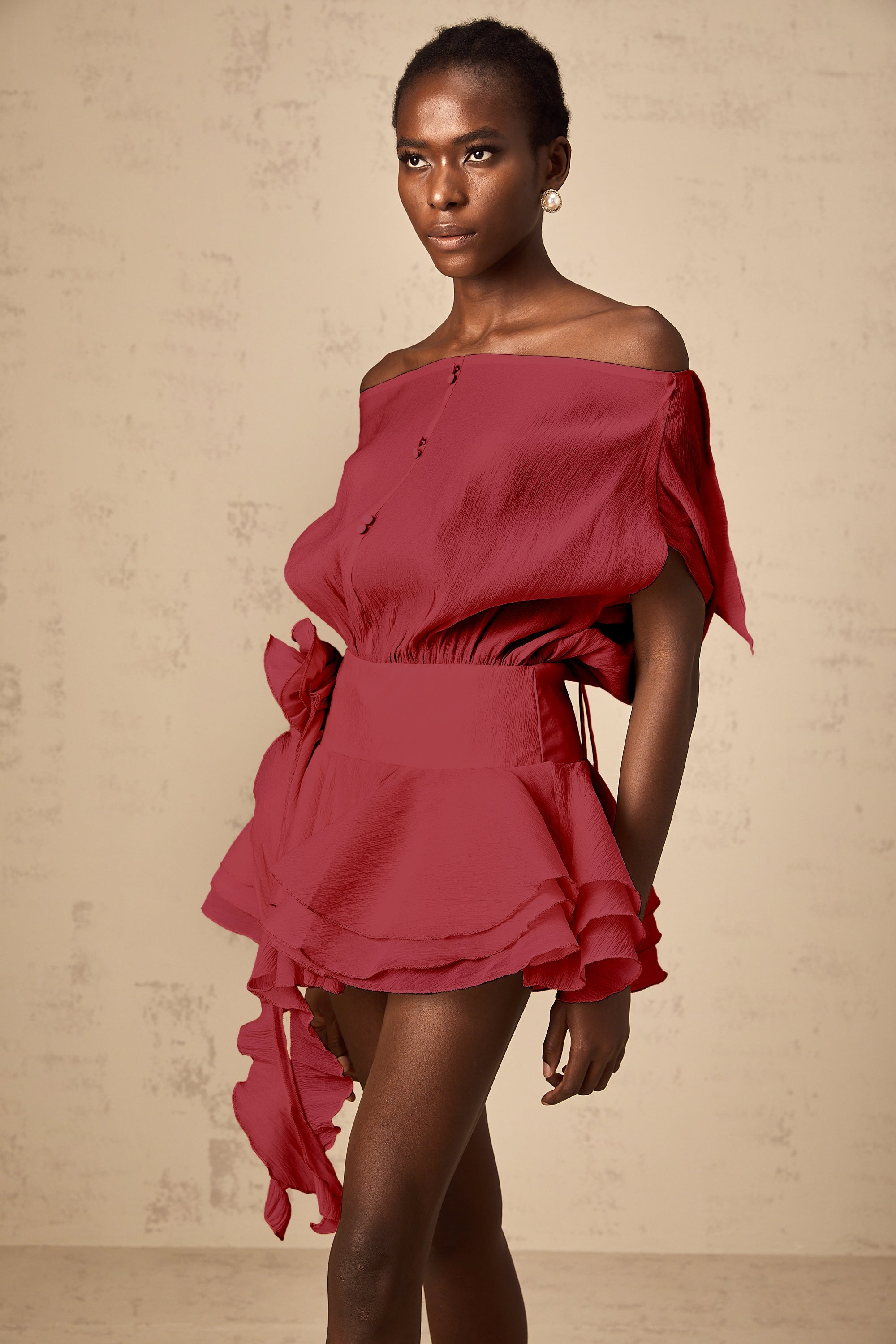 Amélie Red Floral Appliqué Flounced Mini Dress