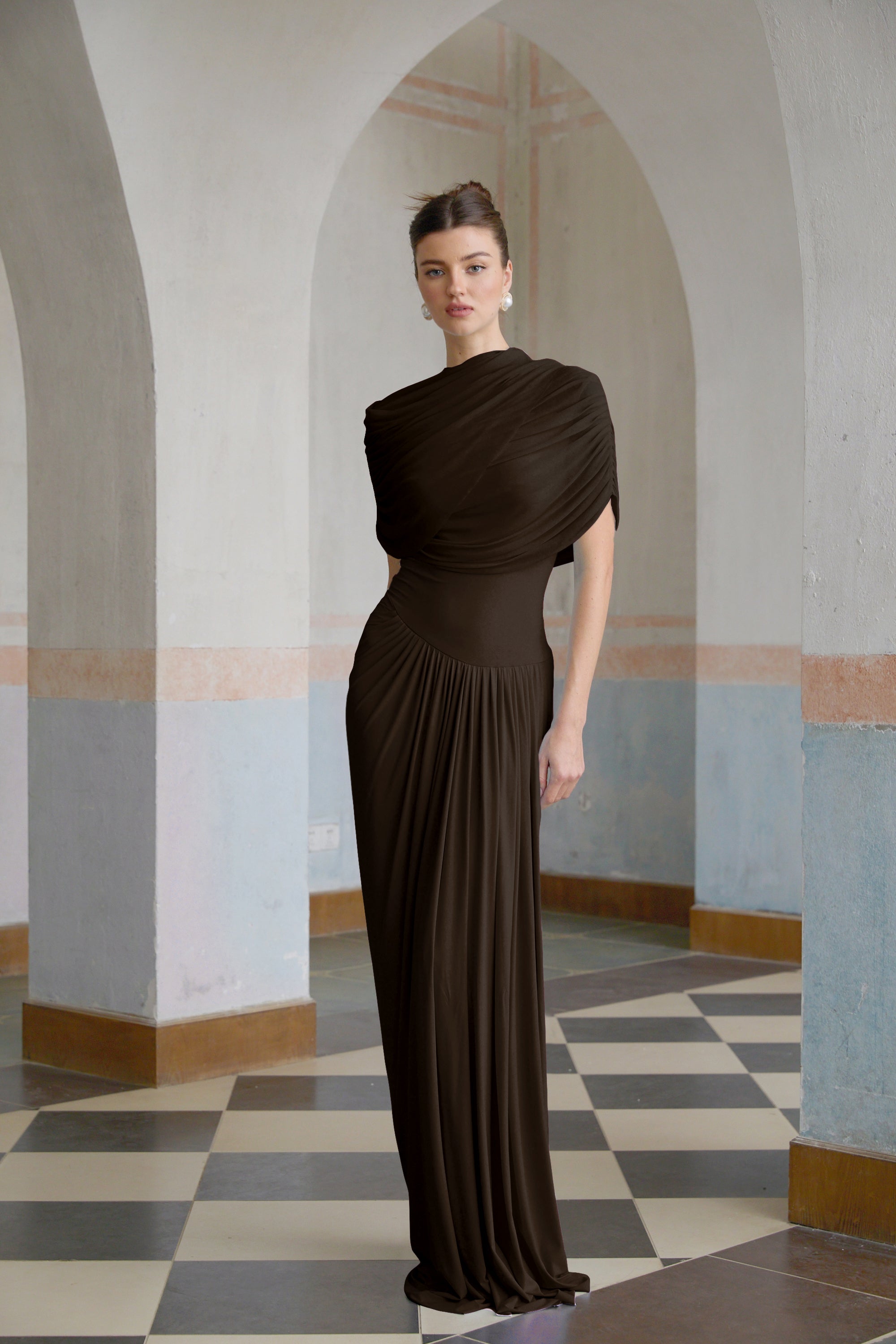 Catherine asymmetrical pleated maxi dress in Brown